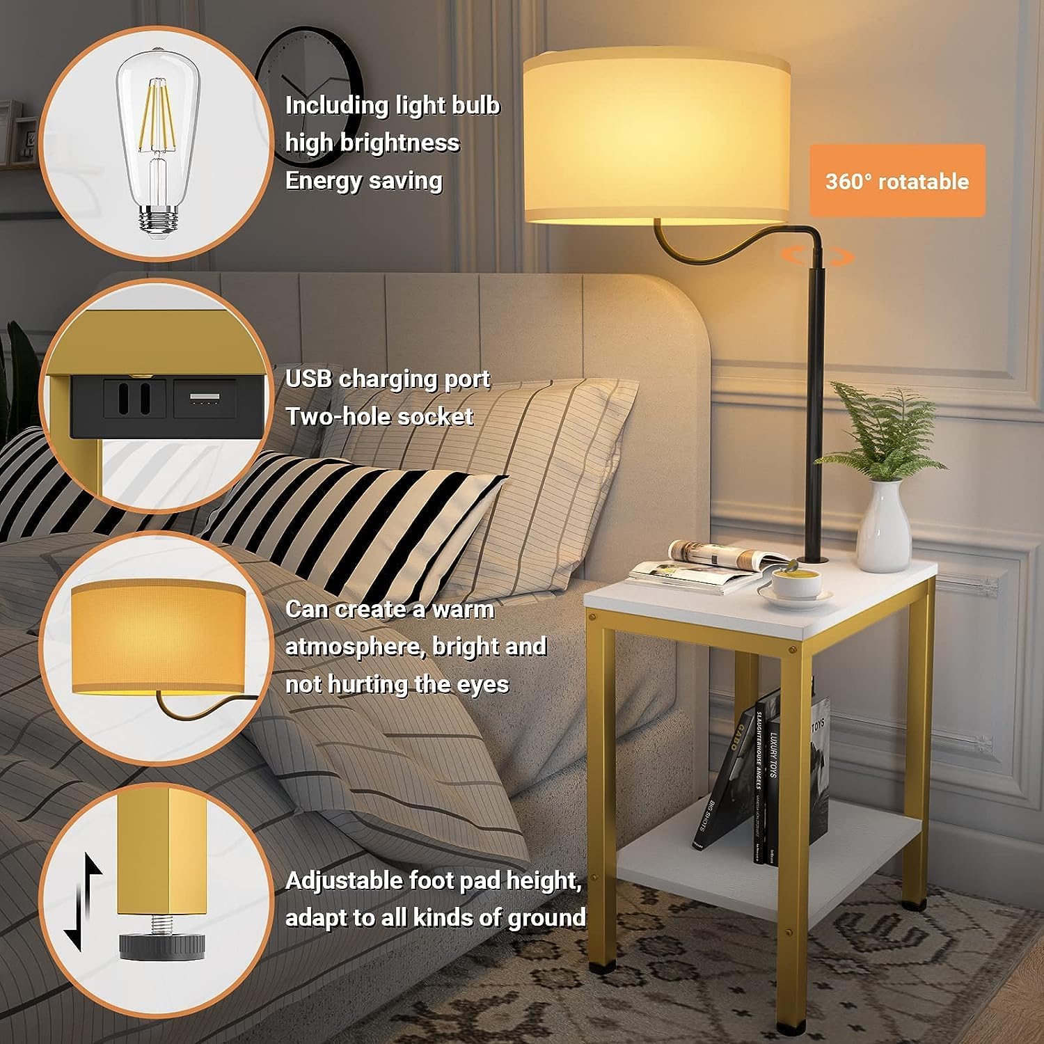 Lámpara de pie LED con mesa, mesa auxiliar con luz LED y toma de corriente, mesita de noche con lámpara, mesa auxiliar con lámpara adjunta para sala