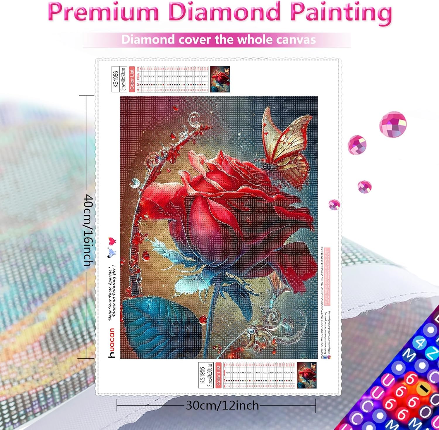 Huacan Kits de pintura de diamantes para adultos, diseño de mariposa rosa 5D, kit de arte de diamantes de taladro completo, puntos de diamante, arte