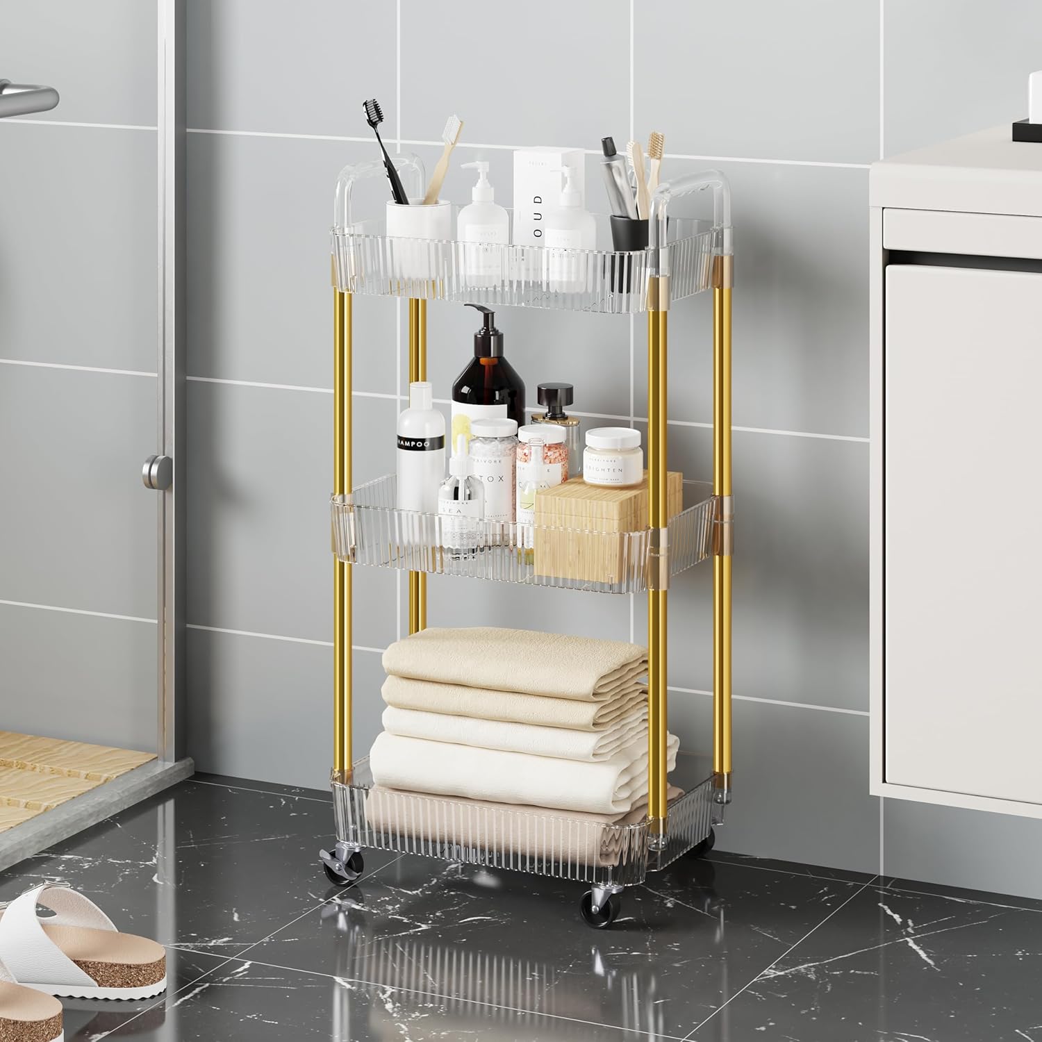 Carrito rodante de 3 niveles, carrito de maquillaje con ruedas, carrito de aperitivos, PET y carrito rodante de metal para sala de estar, cocina,
