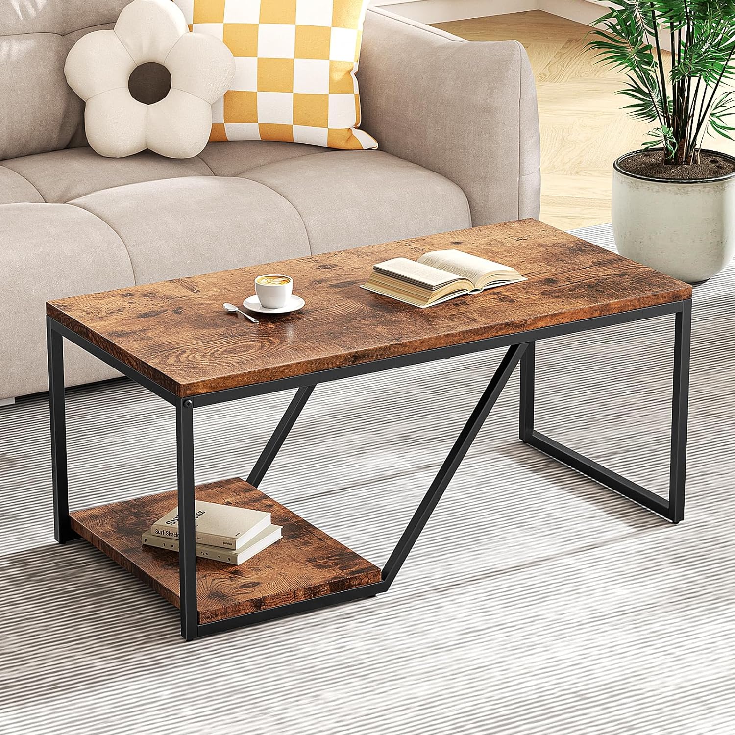 Mesa de centro rústica rectangular industrial de 2 niveles para sala de estar, espacios pequeños, mesa central de sala de estar con estante de