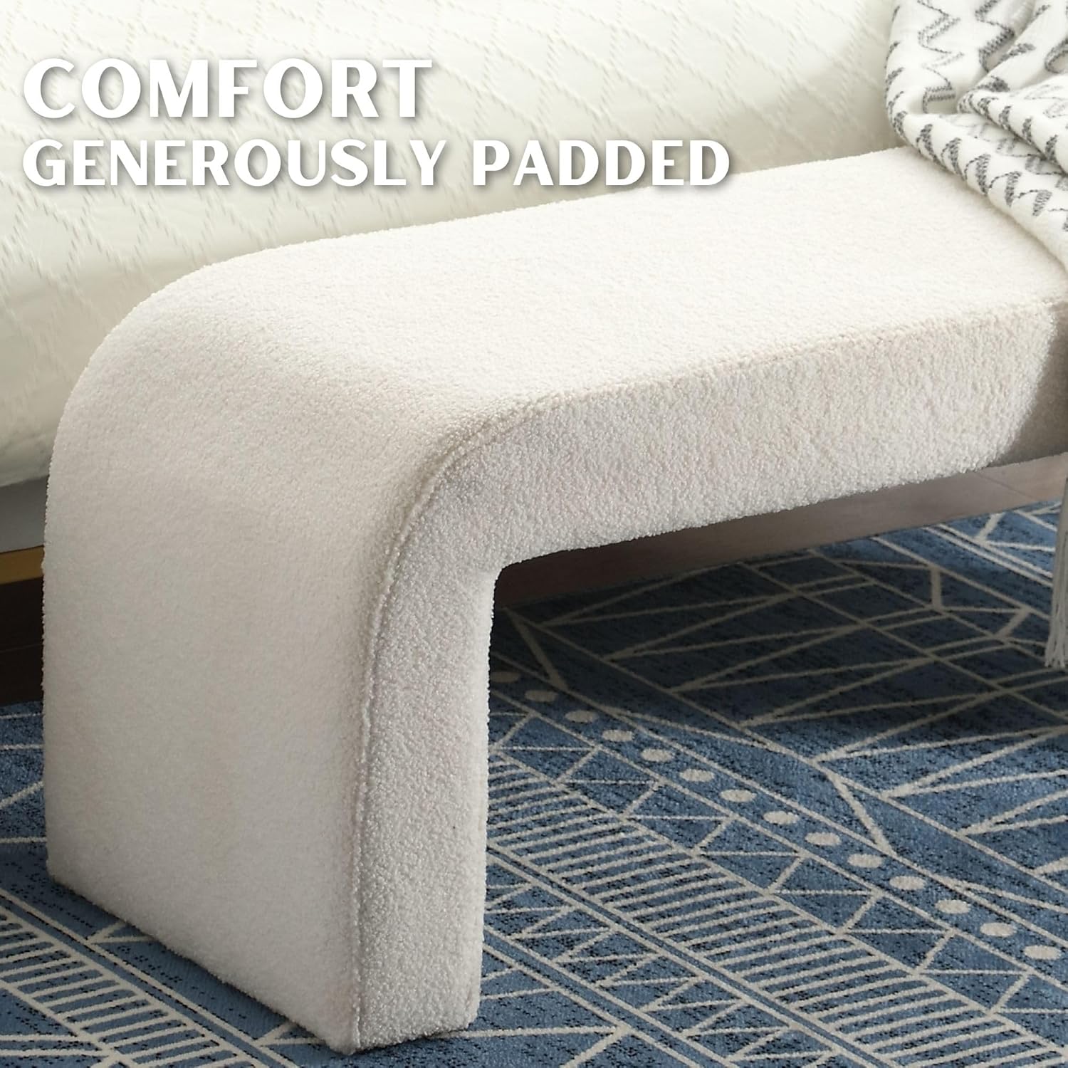 Banco otomano de peluche de 49.5 pulgadas, moderno y mullido, tapizado de tela sherpa, taburete para dormitorio, sala de estar, entrada, color blanco