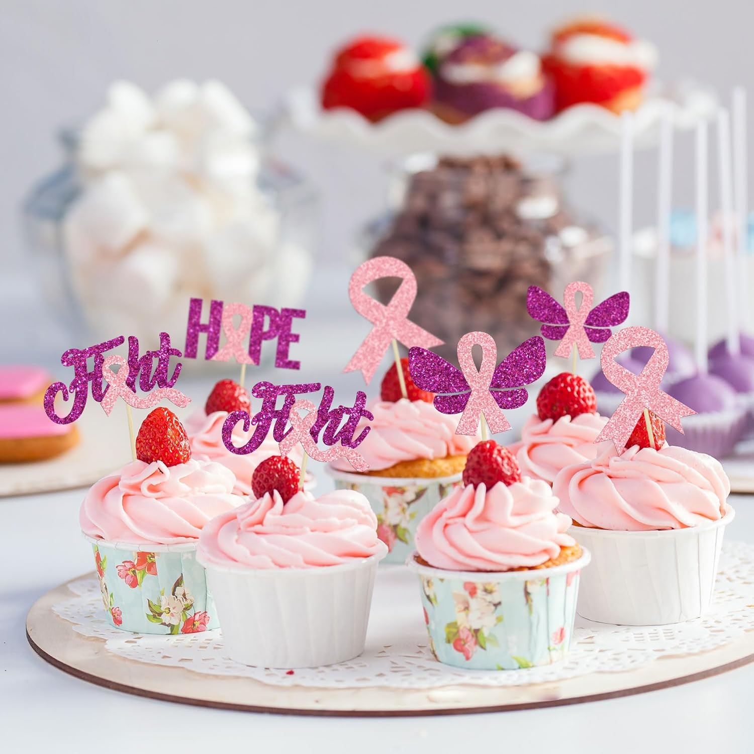 Gyufise 24 piezas de adornos para cupcakes con purpurina para concientización sobre el cáncer de mama, mariposa, lucha, esperanza, beliveve, cinta