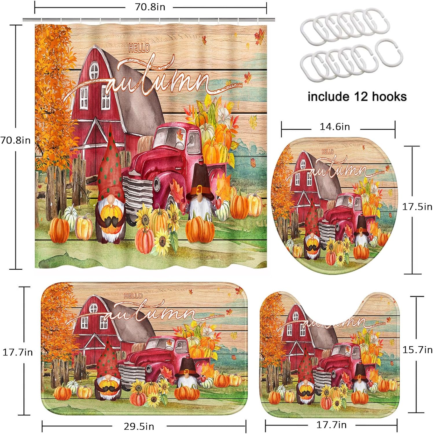 Juego de cortinas de ducha de otoño con tapa de inodoro y alfombras antideslizantes, calabazas de granja, camión, gnomo, cosecha de Acción de