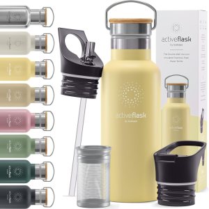 Botella de agua de acero inoxidable con pajita, infusor y 3 tapas 1832 oz a prueba de fugas aislado al vacío ACTIVE FLASK Botellas de beber frías Botella de agua de acero inoxidable con pajita, infusor y 3 tapas 1832 oz a prueba de fugas aislado al vacío ACTIVE FLASK Botellas de beber frías