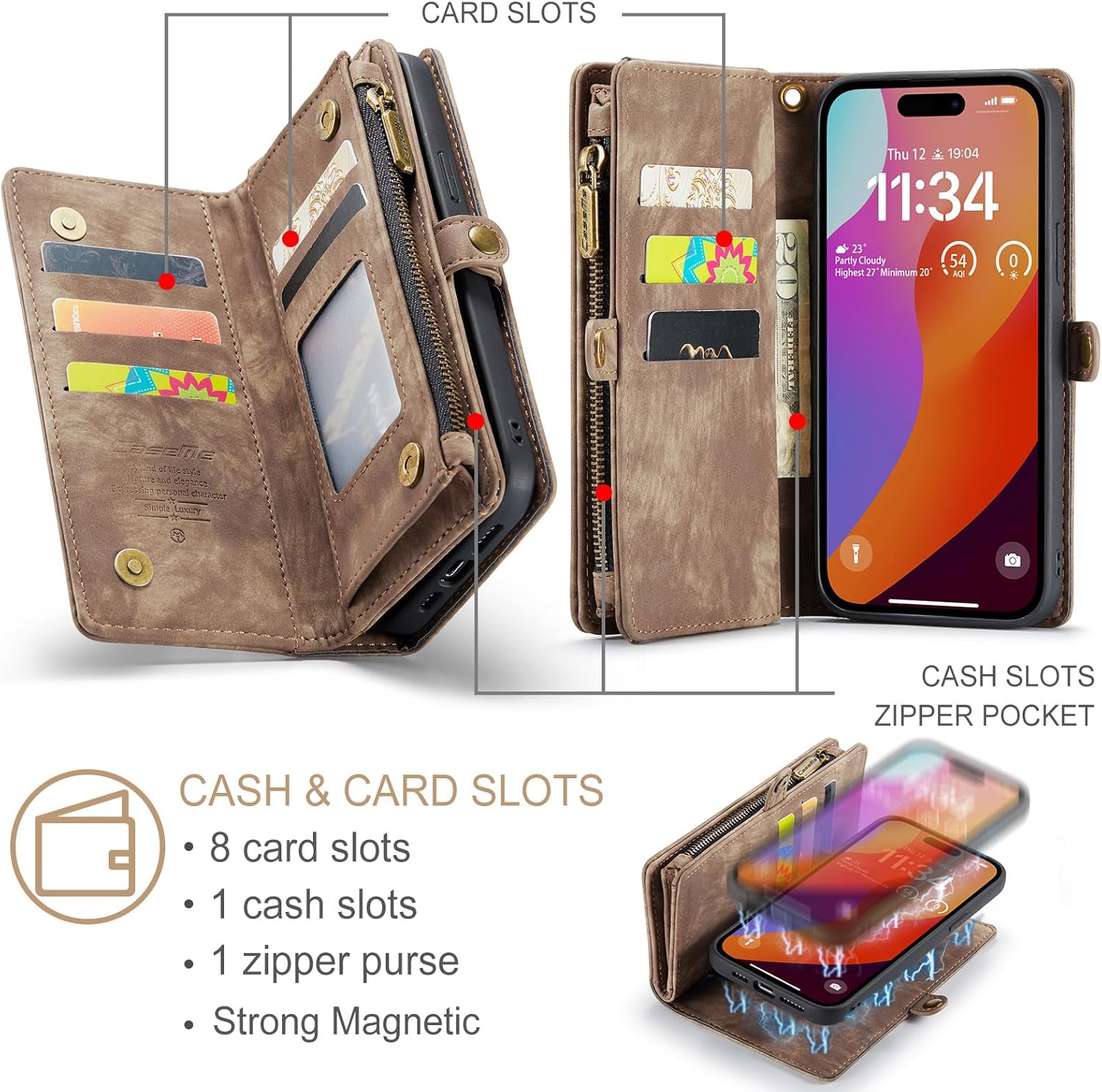 Kowauri Funda tipo cartera para iPhone 15 Pro Max, con cremallera, de piel con tarjetero y correa para la muñeca, desmontable, magnética, a prueba