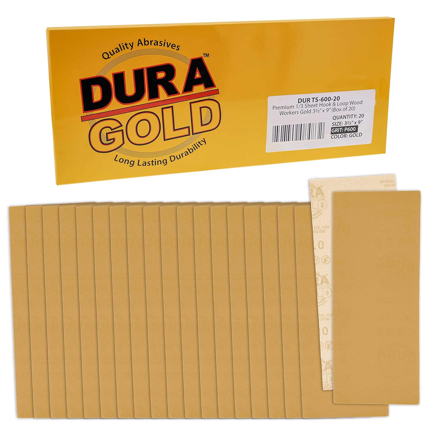 Dura-Gold Hojas de papel de lija dorado de 13 hojas, grano 600 (caja de 20)  3-23 x 9 pulgadas, soporte de gancho y bucle de tamaño de 3-23 x 9