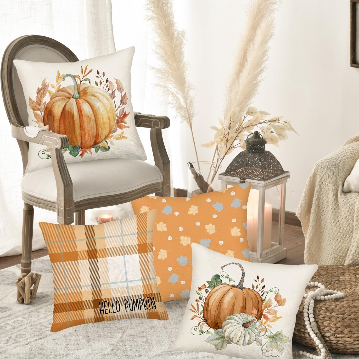 Smilyard Juego de 4 fundas de almohada de Hello Fall Hello Pumpkin de 22 x 22 pulgadas, diseño de búfalo naranja, decoración de otoño, hojas de