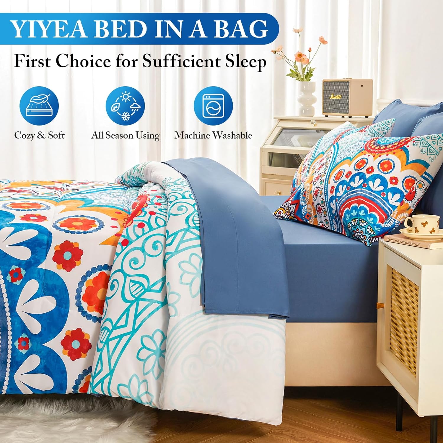 YIYEA Juego de edredón tamaño King  Estampado floral  7 piezas de cama en una bolsa  Juegos de ropa de cama para todas las estaciones con edredón,