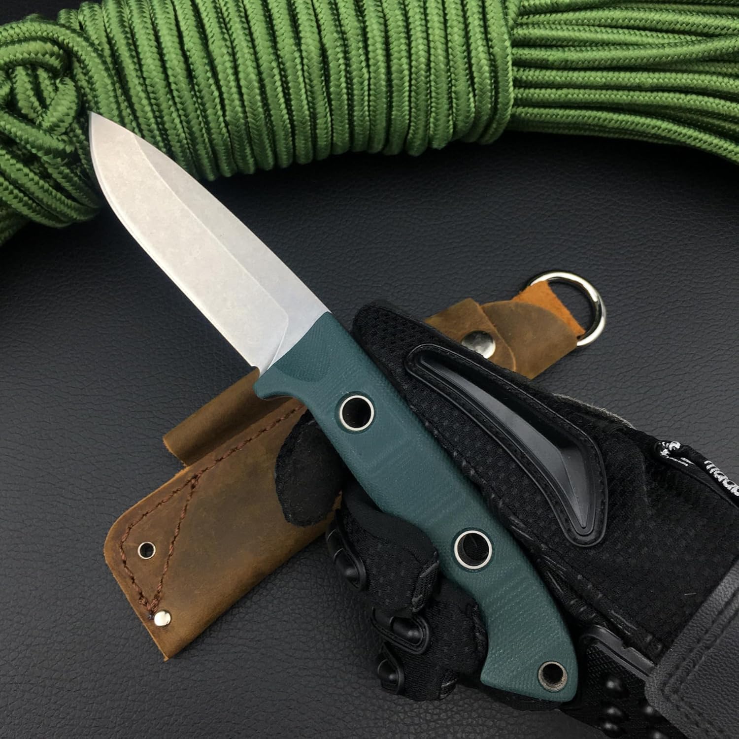 Buschcrafter 162 Cuchillo de hoja fija de 9.1 pulgadas con funda, cuchillo de caza al aire libre con hoja 7Cr17Mov de 3.9 pulgadas, mango verde G10,