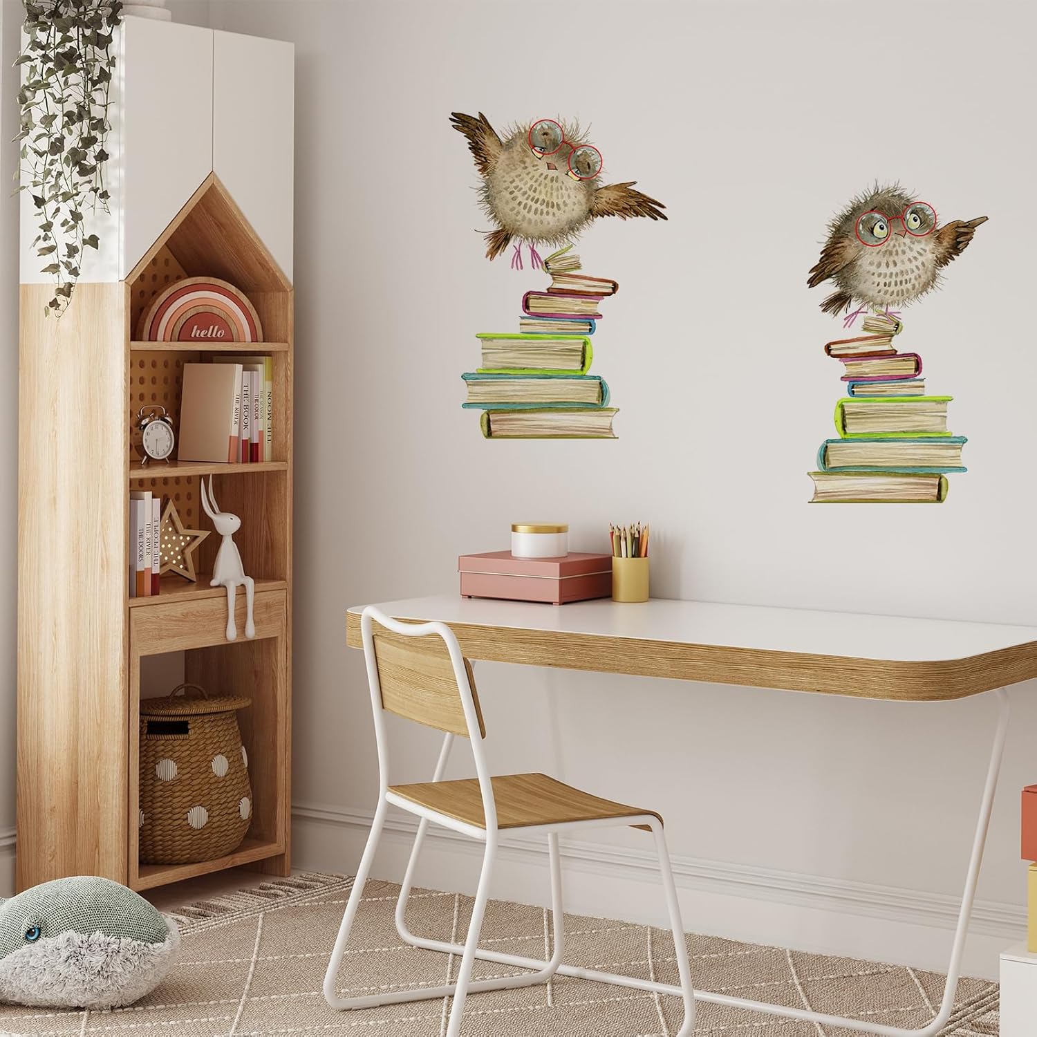 Calcomanías de pared con diseño de búhos y libros, lindos animales, papel tapiz educativo para despegar y pegar para habitación de niños, rincón de
