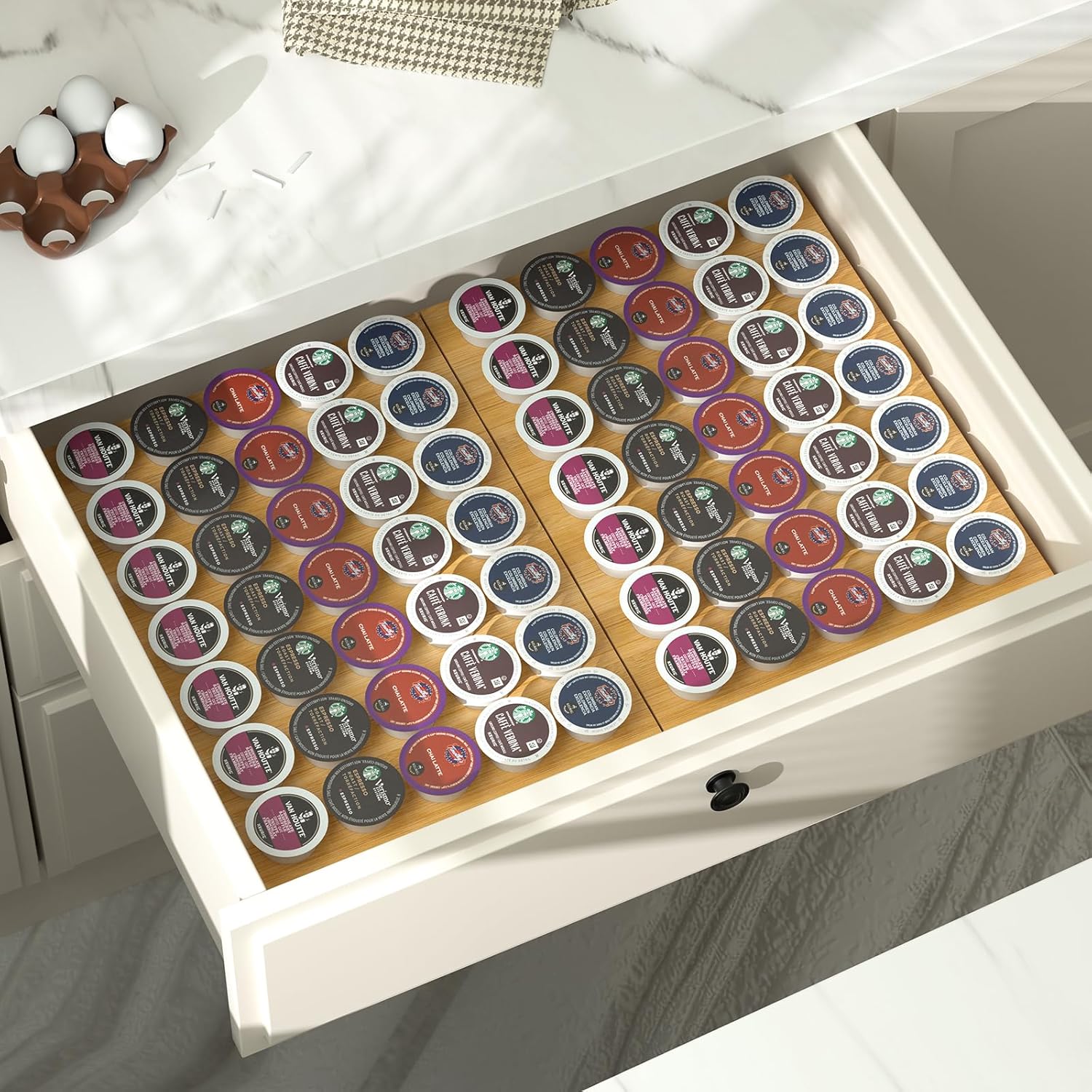 Bulkpanda Cajón de bambú para tazas K, organizador de cápsulas de café, organizador de cajones Kcup Pods para estación de café, hogar, oficina,