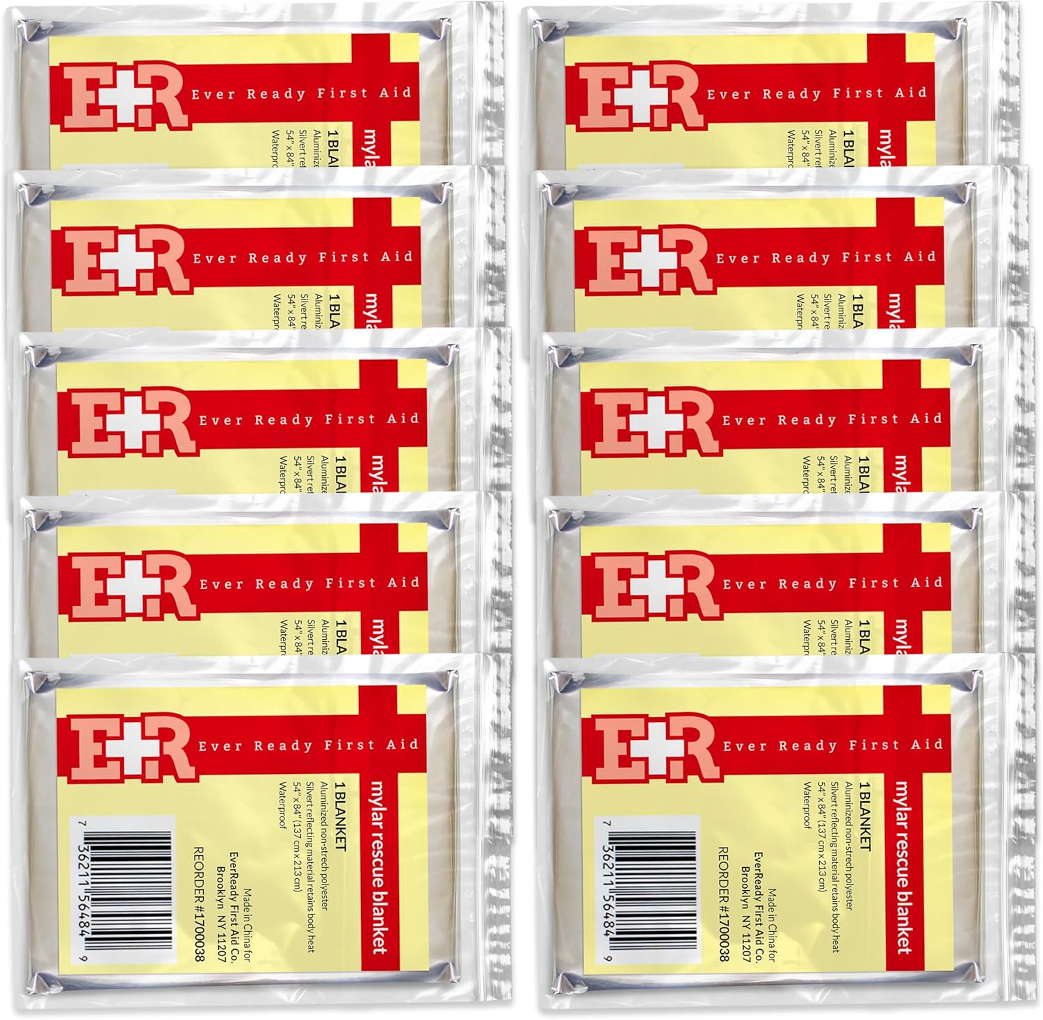 Ever Ready First Aid Mylar – Manta de rescate grande, hoja térmica plateada para emergencias y supervivencia, 54 x 84 pulgadas, 10 unidades