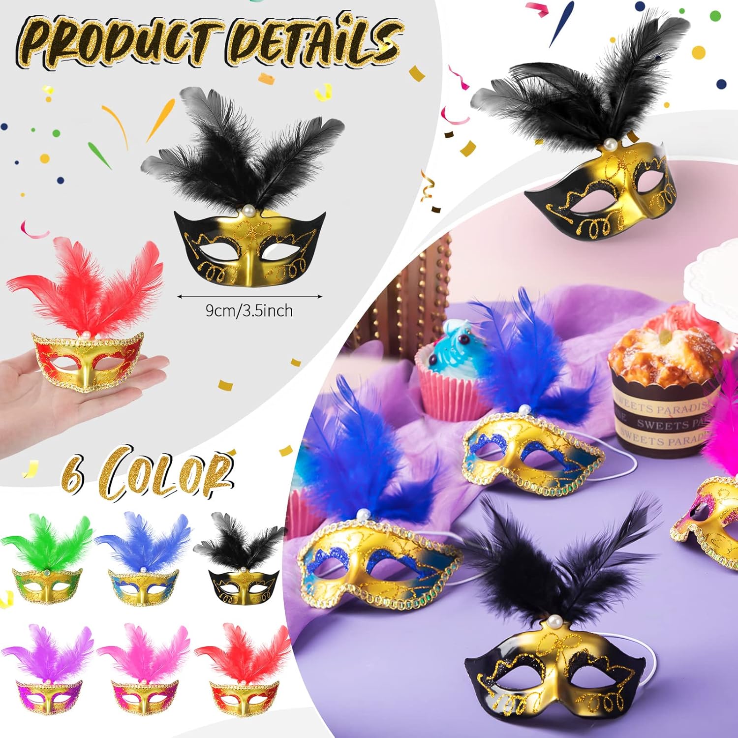 30 piezas de mini máscaras de máscaras, mini máscaras con plumas para decoración de pasteles, Mardi Gras, para cupcakes, máscaras en miniatura para