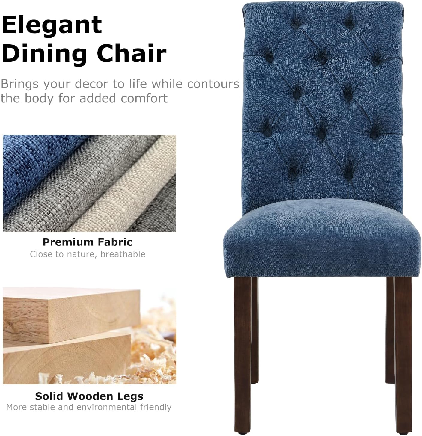 COLAMY Juego de 2 sillas de comedor copetudas, sillas de comedor Parsons tapizadas de tela, sillas auxiliares elegantes con patas de madera maciza y