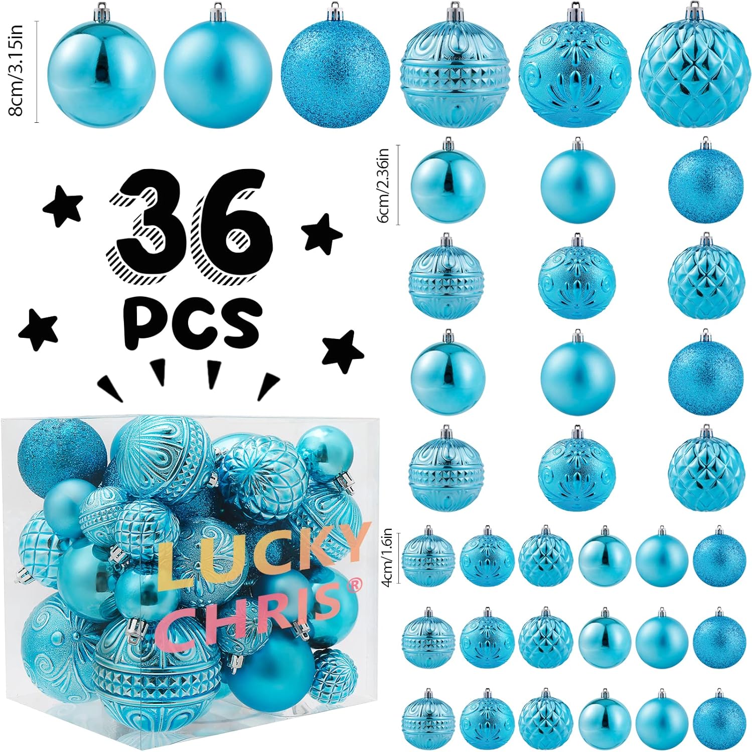 Adornos de bola de Navidad color azul bebé, decoración para árbol de Navidad con cuerda para colgar, 36 piezas inastillables con 6 estilos en 3