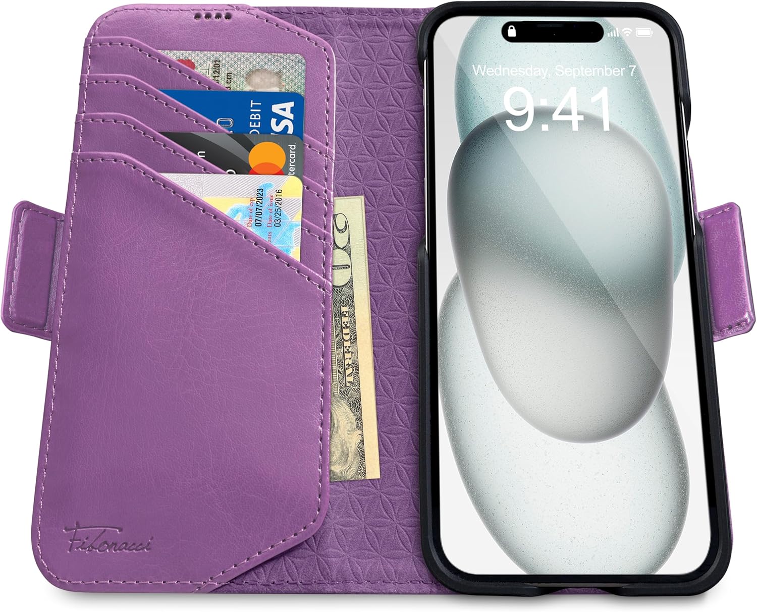 Dreem Fibonacci – Funda tipo cartera para iPhone 15 Plus, 2 en 1, a prueba de golpes y funda desmontable de piel vegana, compatible con MagSafe,