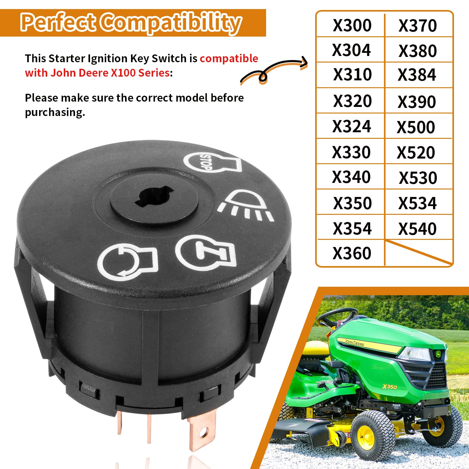 Interruptor de encendido de arranque con 2 llaves para John Deere X100 Series Tractor X300 X304 X310 X320 X324 X330 X340 X350 X354 X360 X370 X380