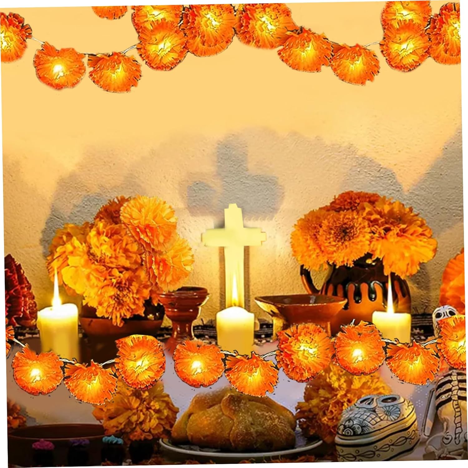 Guirnalda de flores de caléndula, 2 guirnaldas de caléndula de 9.85 pies con 20 luces LED, decoración de guirnalda del día de los muertos para