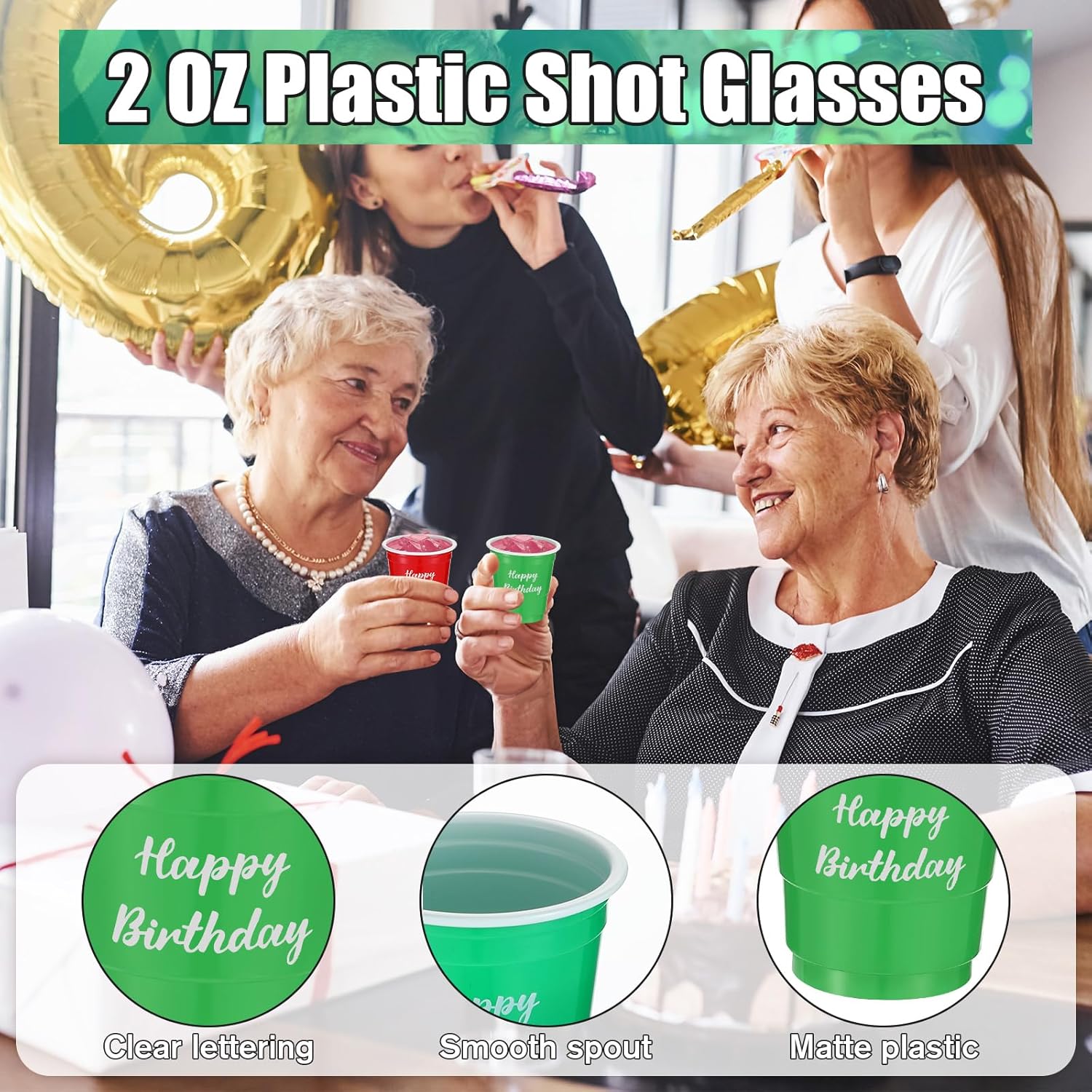Suttmin 100 vasos de chupito de plástico de 2 onzas, vasos de chupito desechables multicolor, mini vasos para celebrar cumpleaños, tazas de alegría