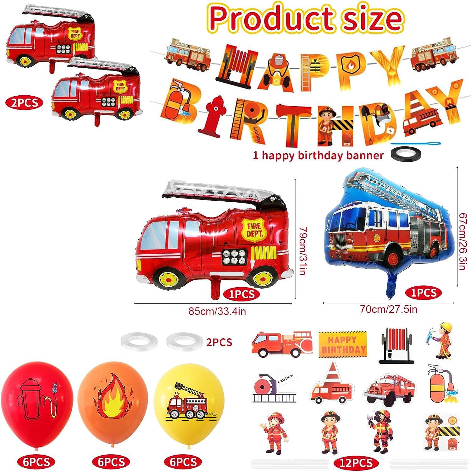 Decoración de cumpleaños de camión de bomberos, 35 piezas de globos de cumpleaños de camión de bomberos, decoración de camión de bomberos de