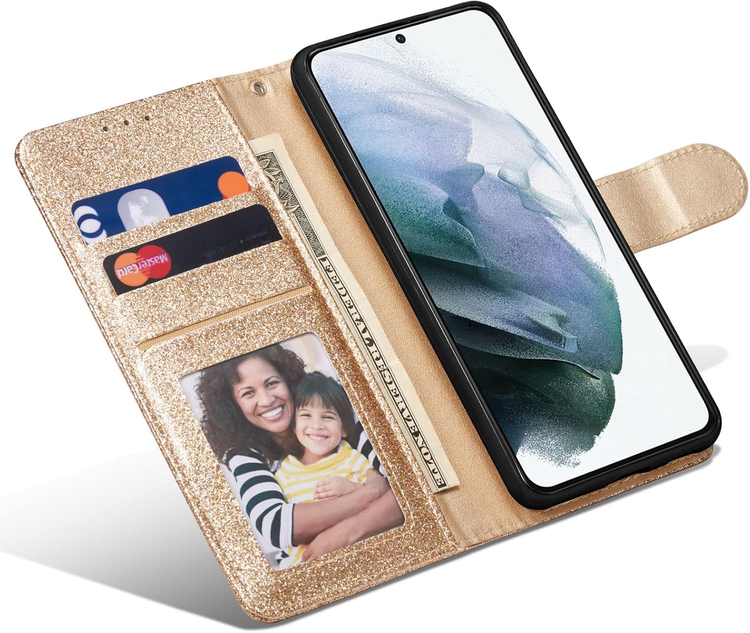 QLTYPRI Funda tipo cartera para Samsung Galaxy S22 Ultra con purpurina brillante con tapa y ranuras para tarjetas, cierre magnético, correa de
