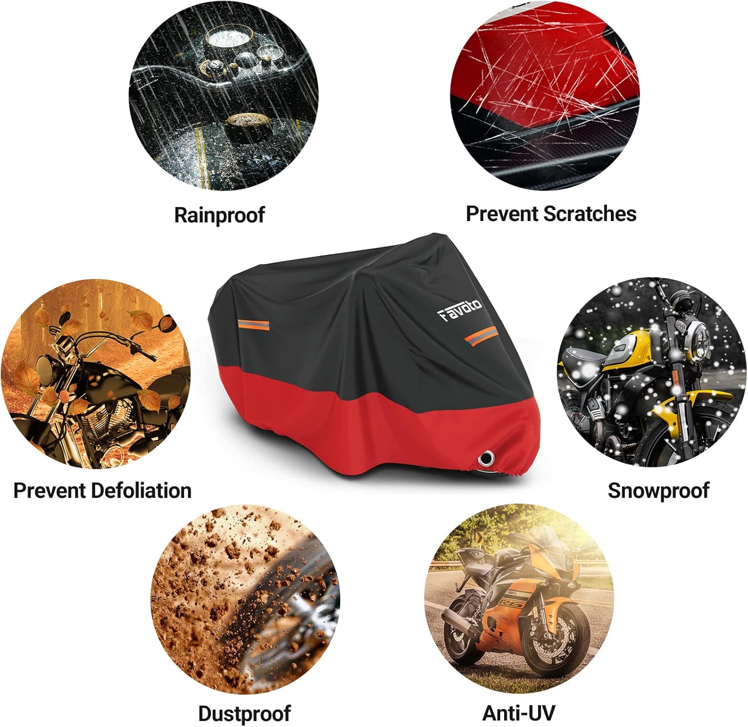 Favoto – Funda impermeable para motocicleta, universal, duradera, protege del sol, viento, polvo, con 3 bandas reflectantes, orificios de seguridad