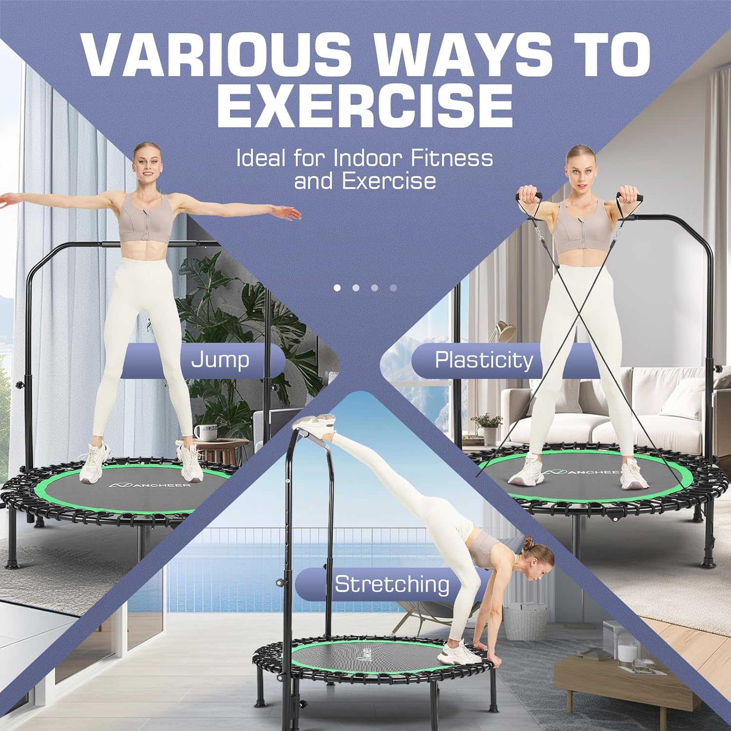 ANCHEER Mini trampolín plegable de 40 pulgadas para adultos, carga máxima de 450 libras, pequeño rebote elástico de fitness con barra de mango de