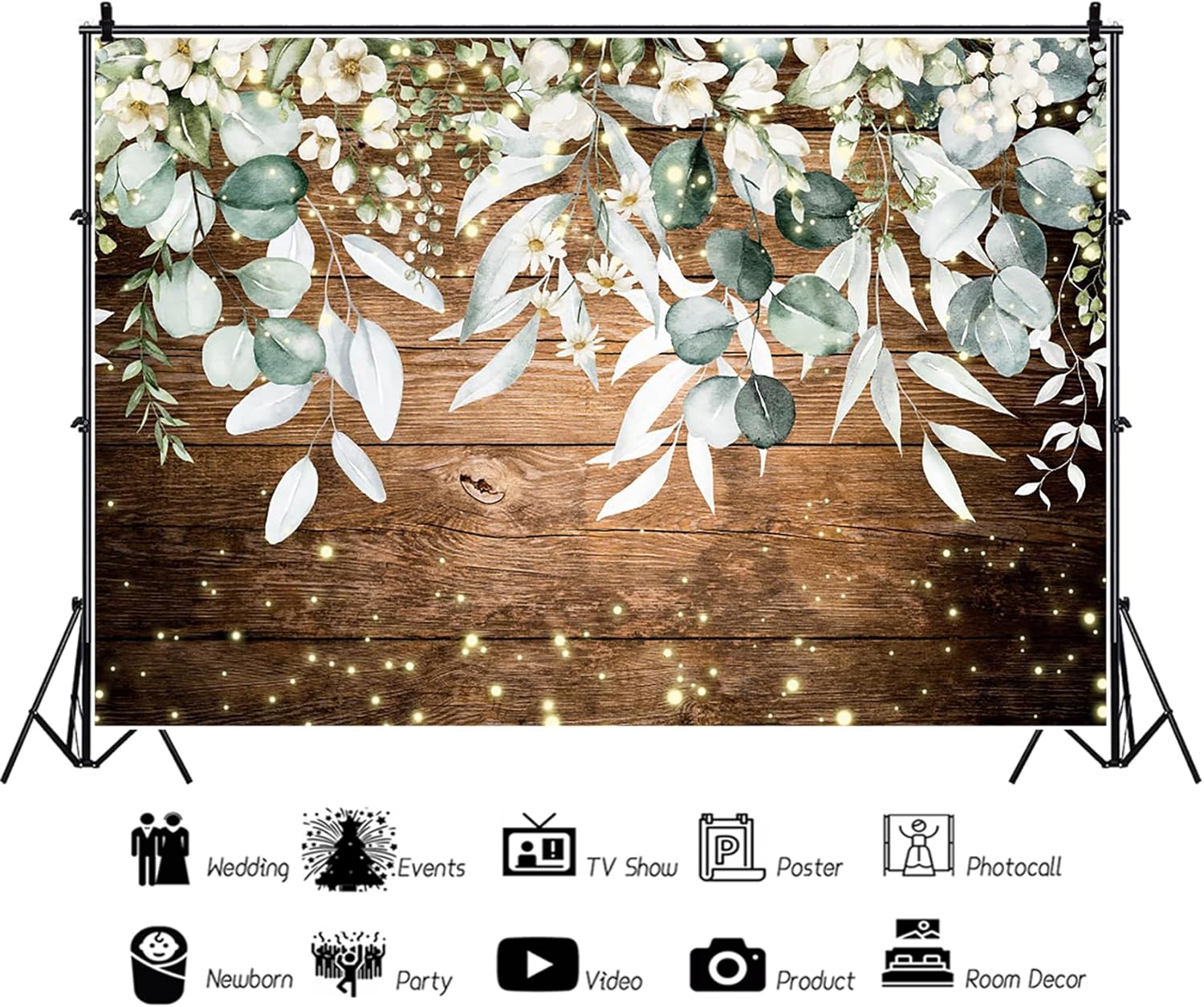 AWERT Telón de fondo rústico de madera floral de 10 x 8 pies, acuarela vegetación blanca, tablones de madera marrón vintage, fondo de fotografía,