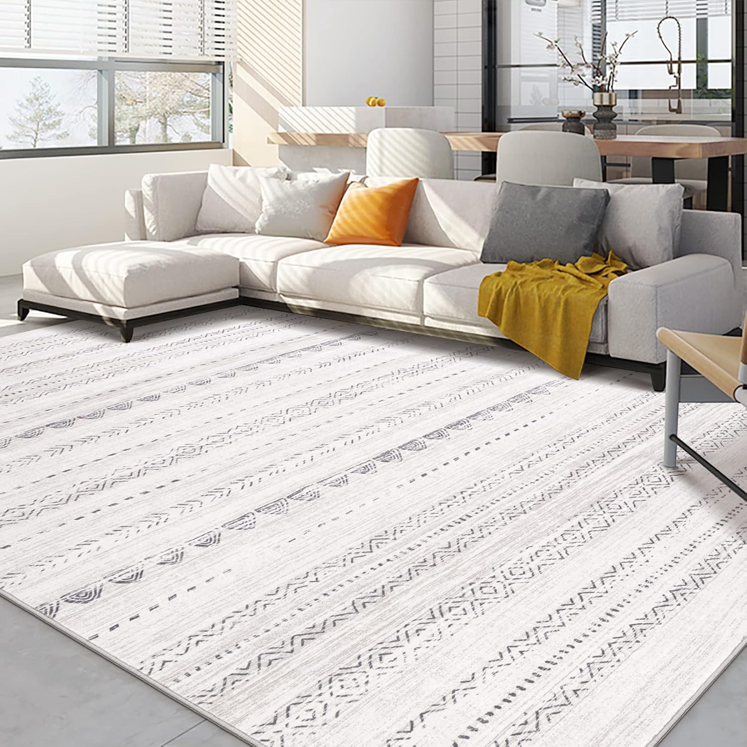 Alfombra de área para sala de estar 6 x 9 pies, grande, suave, lavable a máquina, estilo bohemio, marroquí, casa de campo, neutro, resistente a las