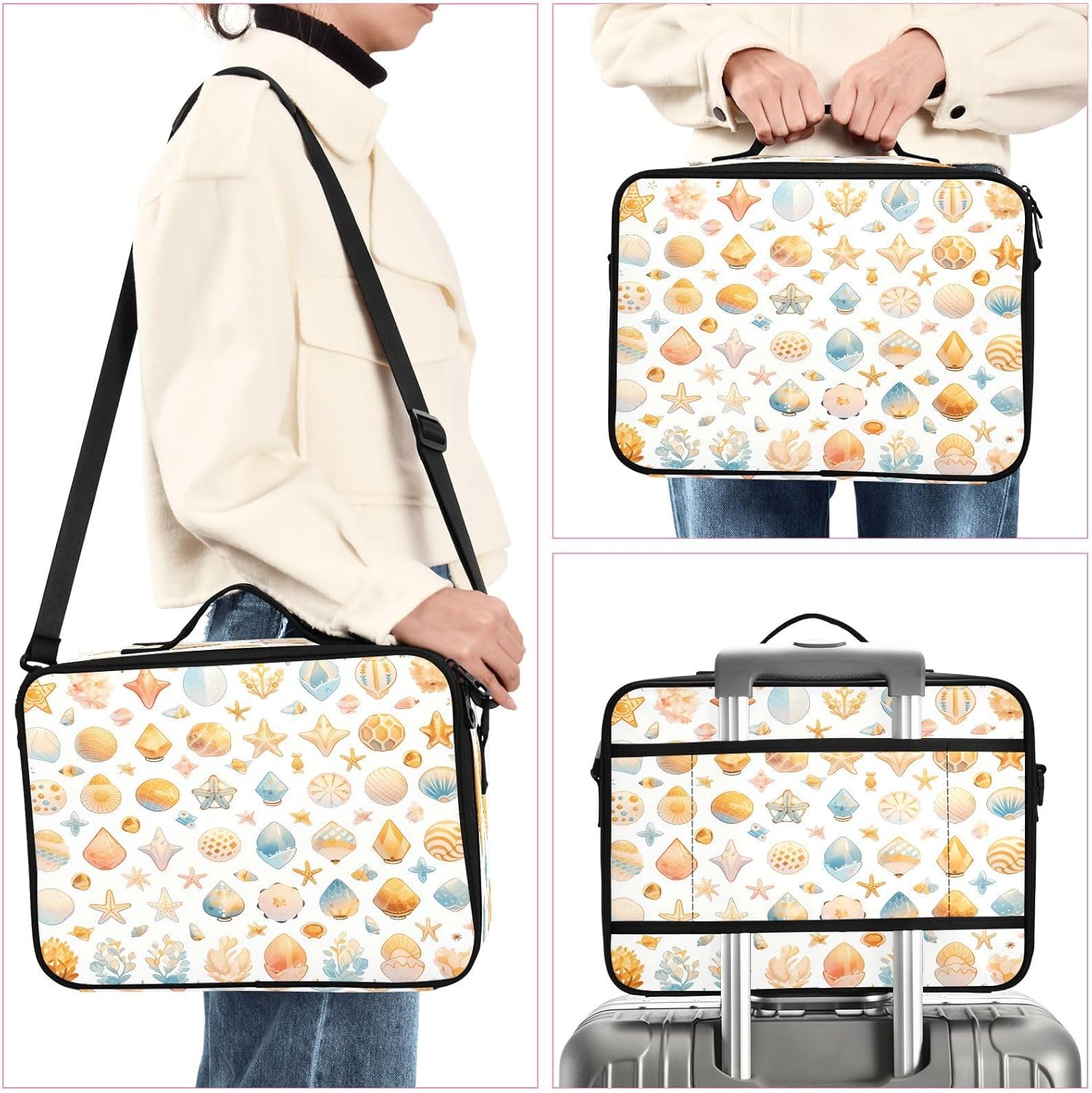 Shells Ocean Waves Beach Starfish White cosmetic bag travel toiletry makeup make up travel bag bag with compartments large travel makeup bag bolso