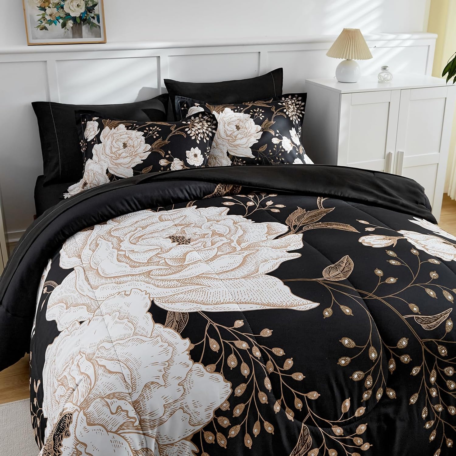 Juego de sábanas de edredón de flores negras, ropa de cama floral en una bolsa, 7 piezas tamaño Queen, juego de ropa de cama de verano de microfibra