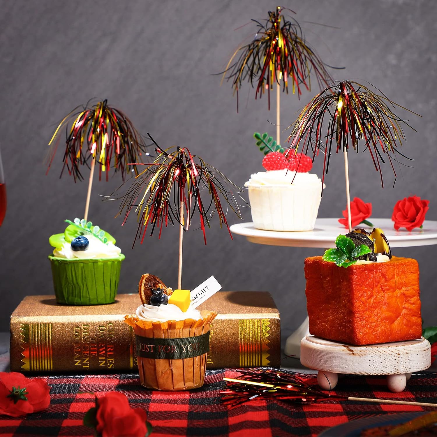 500 piezas de adornos para magdalenas de fuegos artificiales, adornos de tartas navideñas, palillos de dientes decorativos para aperitivos para