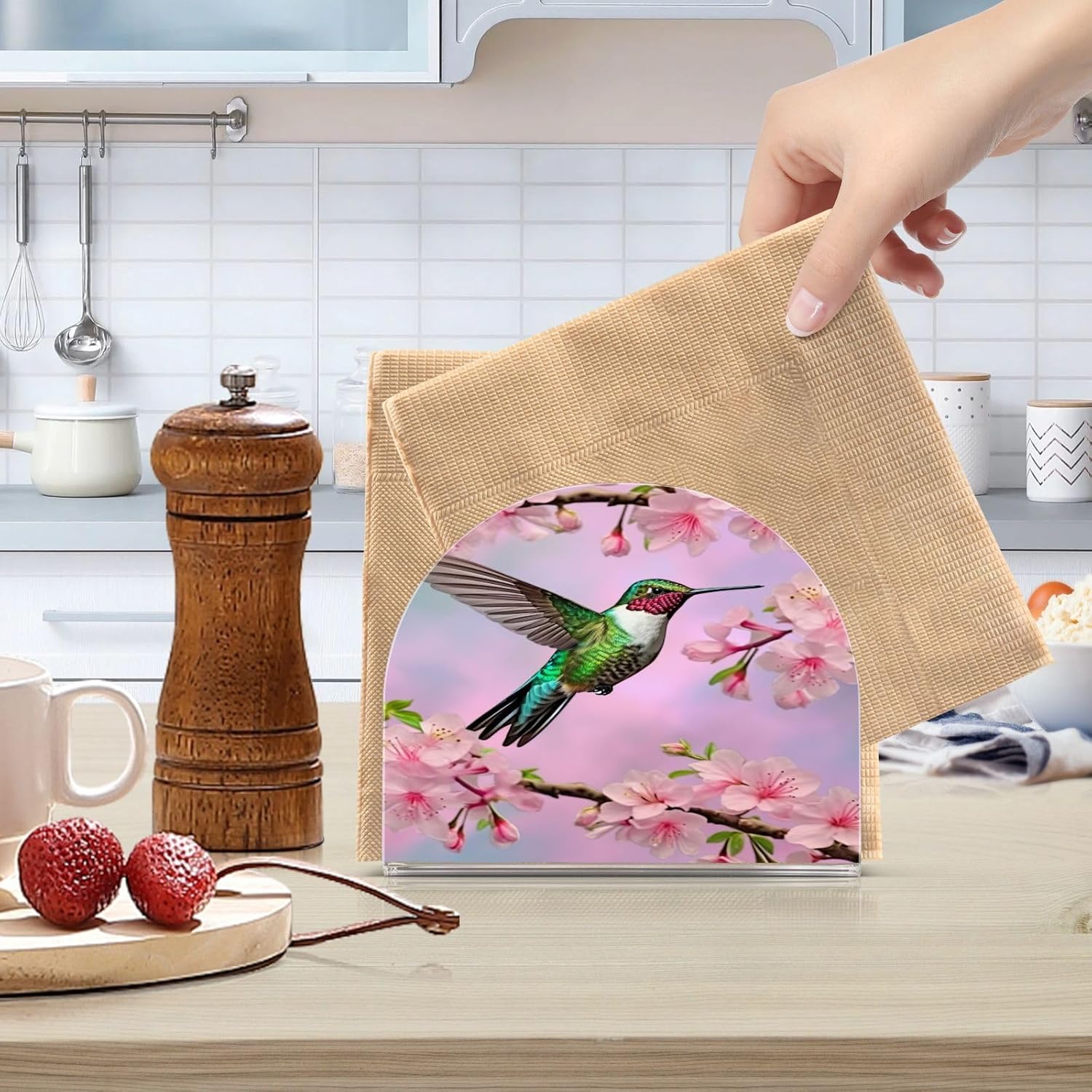 Servilleteros de colibrí y flor de cerezo para mesas, servilleteros de acrílico transparente, servilleteros de cóctel para cocina, restaurante, bar,