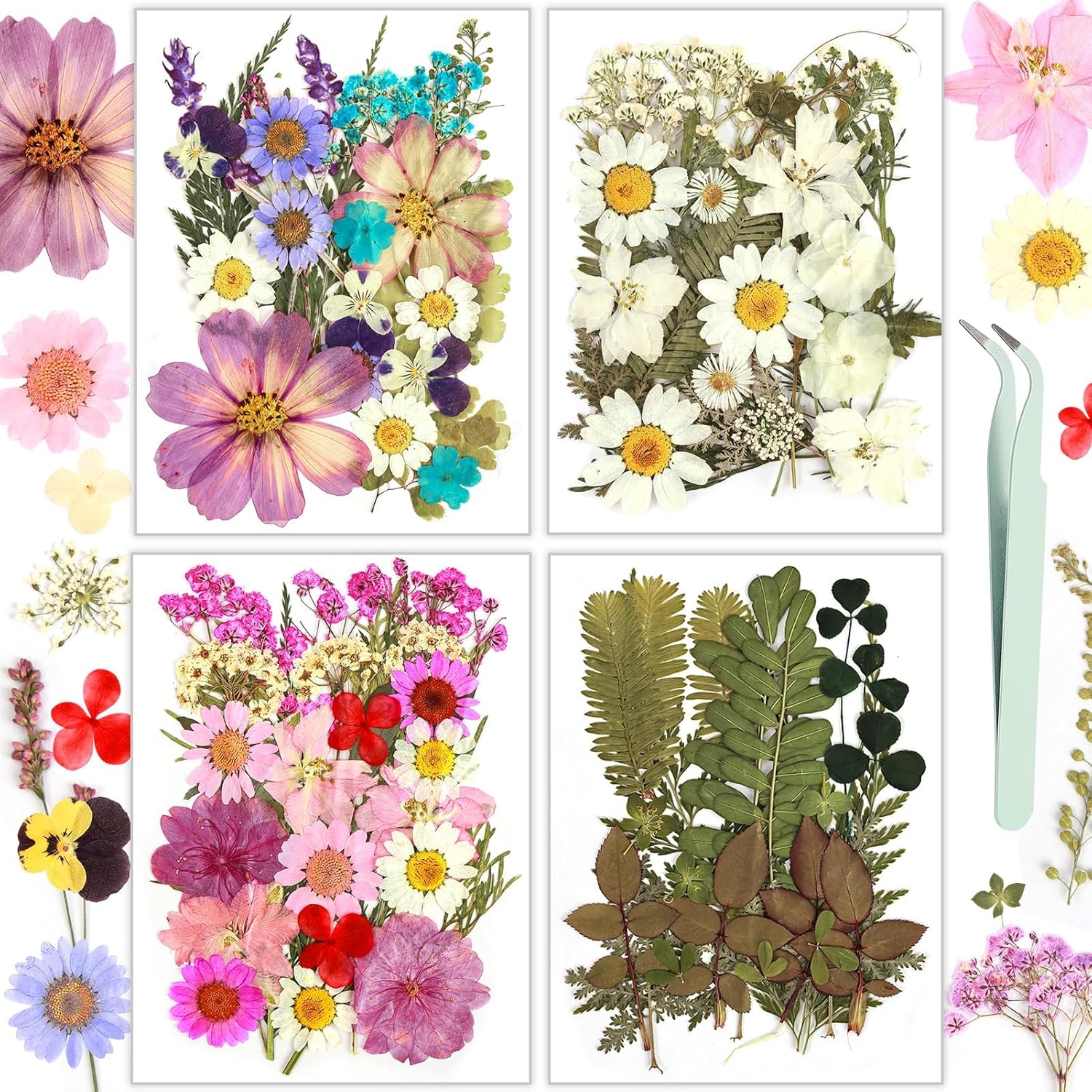 Resiners 100 flores secas prensadas para moldes de resina, flores prensadas reales, kit de hojas secas para manualidades, fabricación de joyas de
