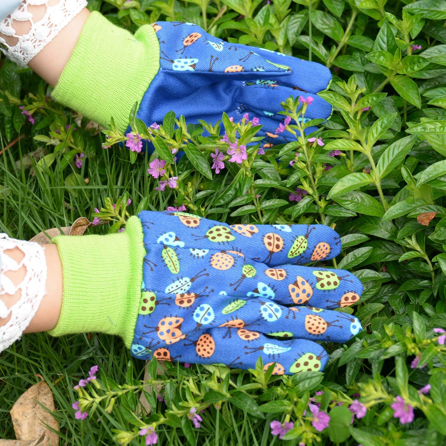 HANDLANDY Guantes de jardinería para niños de 5 a 8 años, guantes de trabajo de jardín para niñas y niños (verde (pájaro + punto), talla M (edad