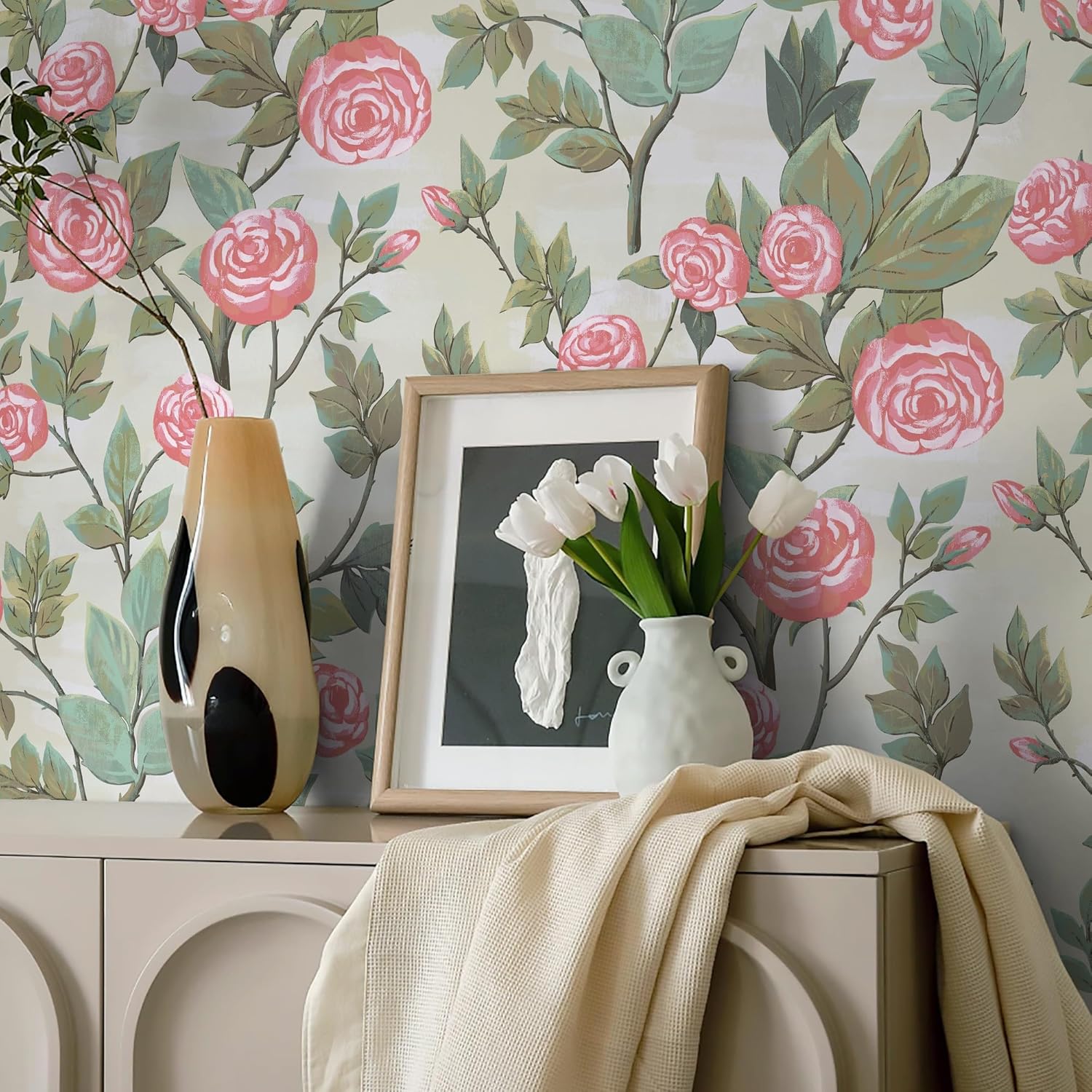 Dimoon Papel tapiz floral de 236 x 16.1 pulgadas, papel de contacto con hojas verdes, flores rosadas, grueso, impermeable, autoadhesivo, papel tapiz