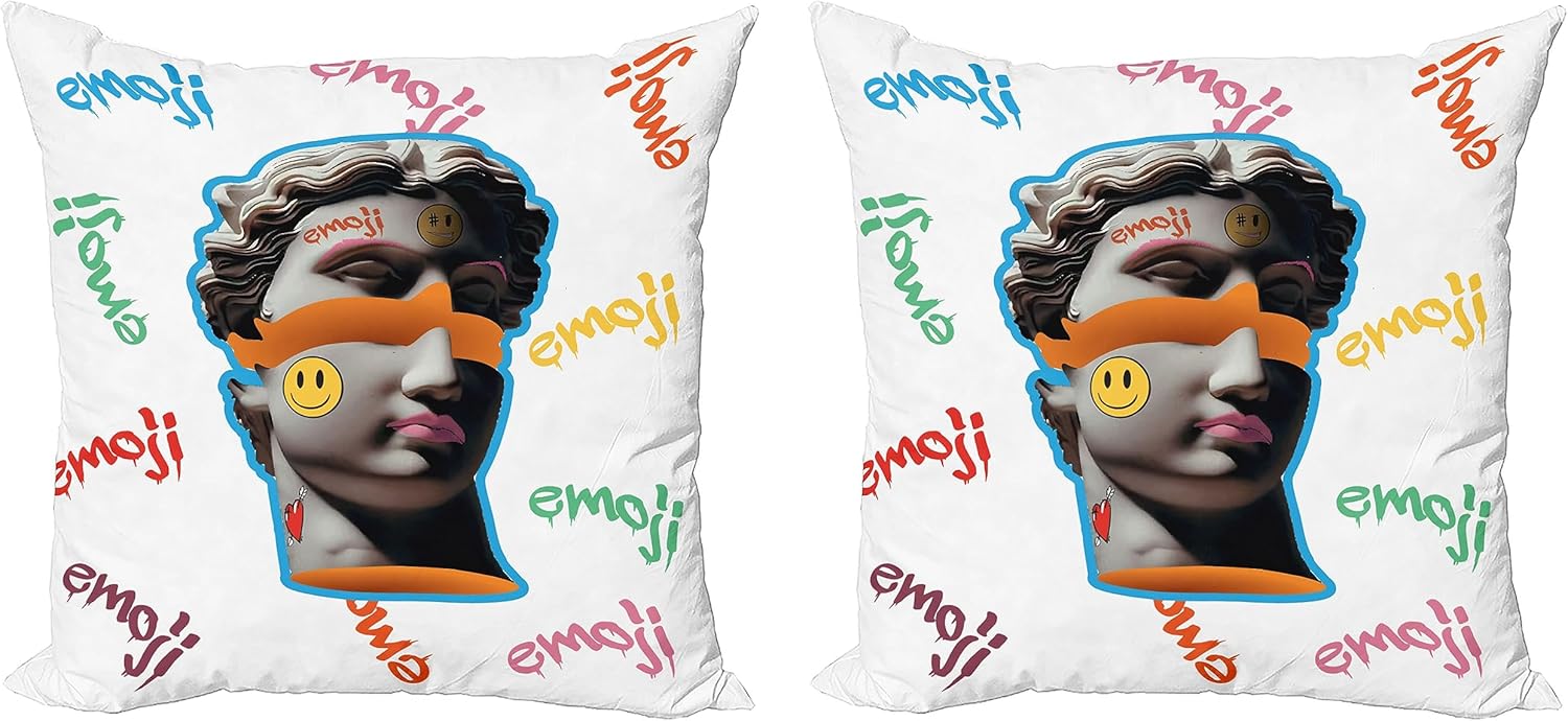 Ambesonne Emoji – Juego de 2 fundas de almohada decorativas, ilustración moderna de esculturas antiguas, formas y formas de graffiti, funda de cojín