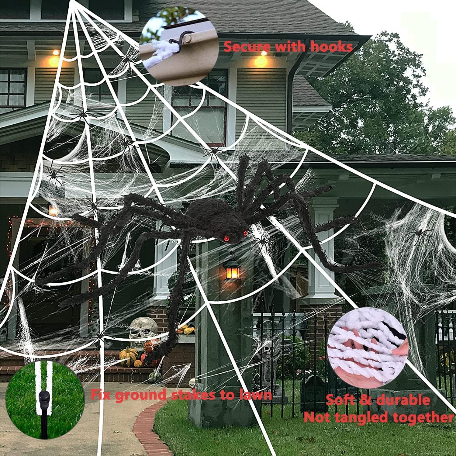 KRRFDP Decoración de Halloween de telaraña de 200 pulgadas, araña gigante aterradora de 60 pulgadas con 20 piezas de mini araña y telaraña elástica