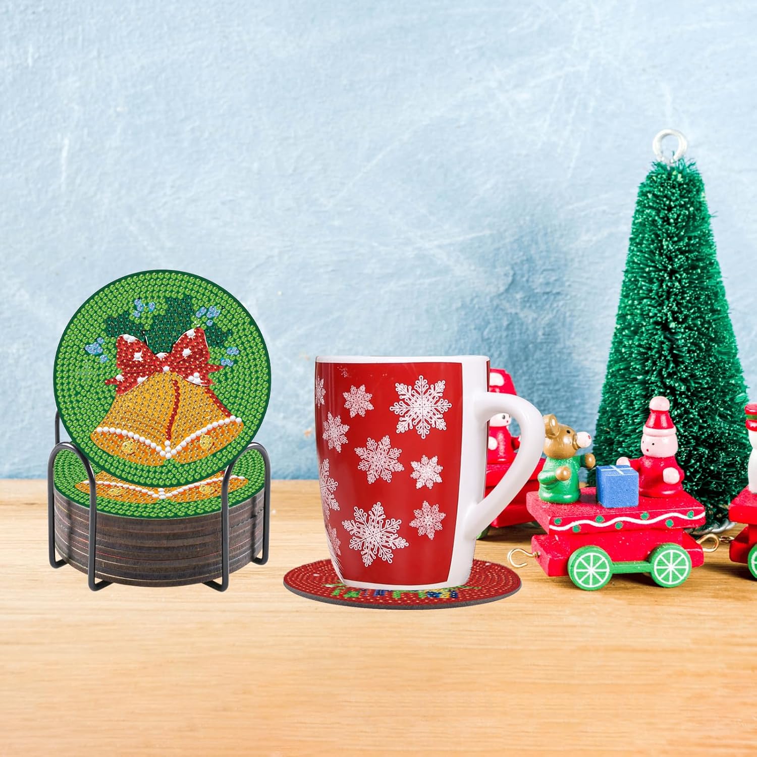 JHGCVX Juego de 10 posavasos de pintura de diamantes de Navidad, posavasos de arte de diamante con soporte, posavasos de pintura de diamantes de