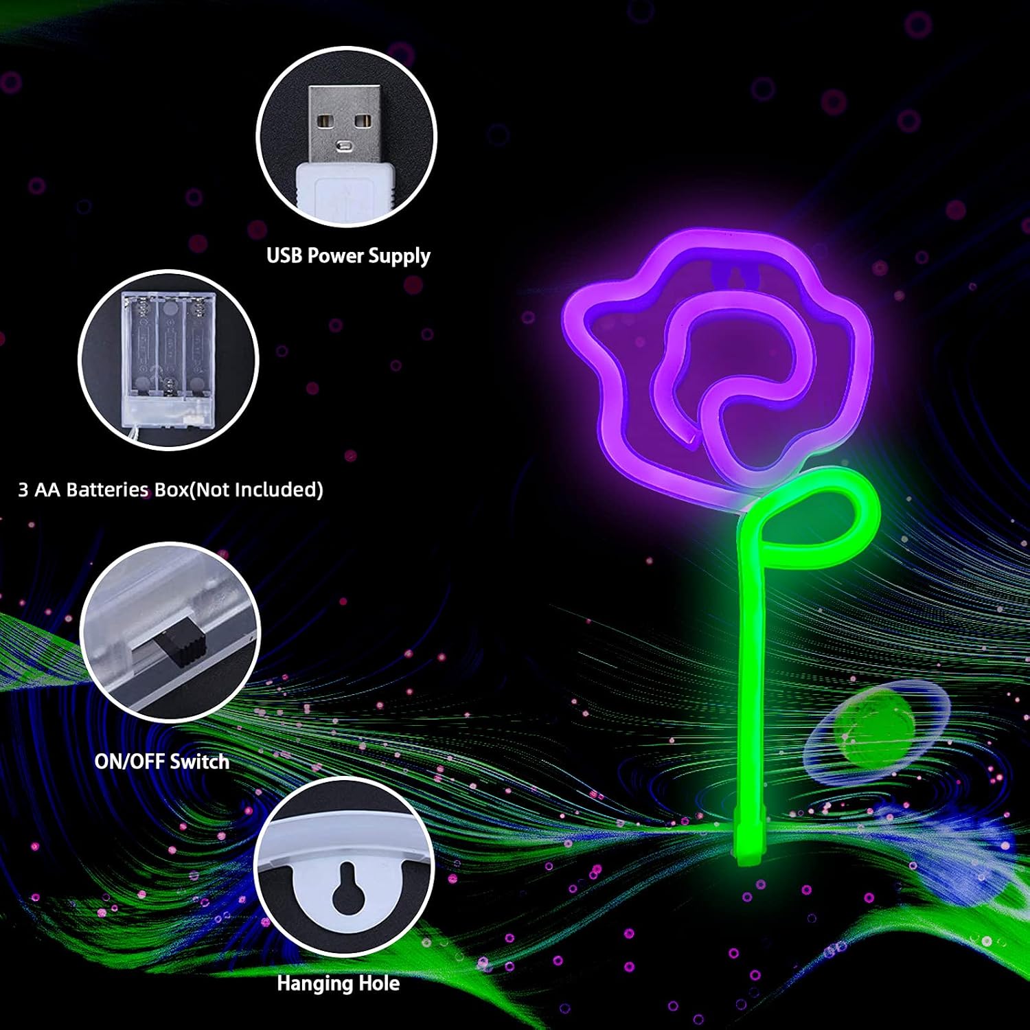 ENUOLI Letreros de neón, luz de neón de flores de rosa, decoración de pared, luz nocturna alimentada por batería o USB, para dormitorio, fiesta,
