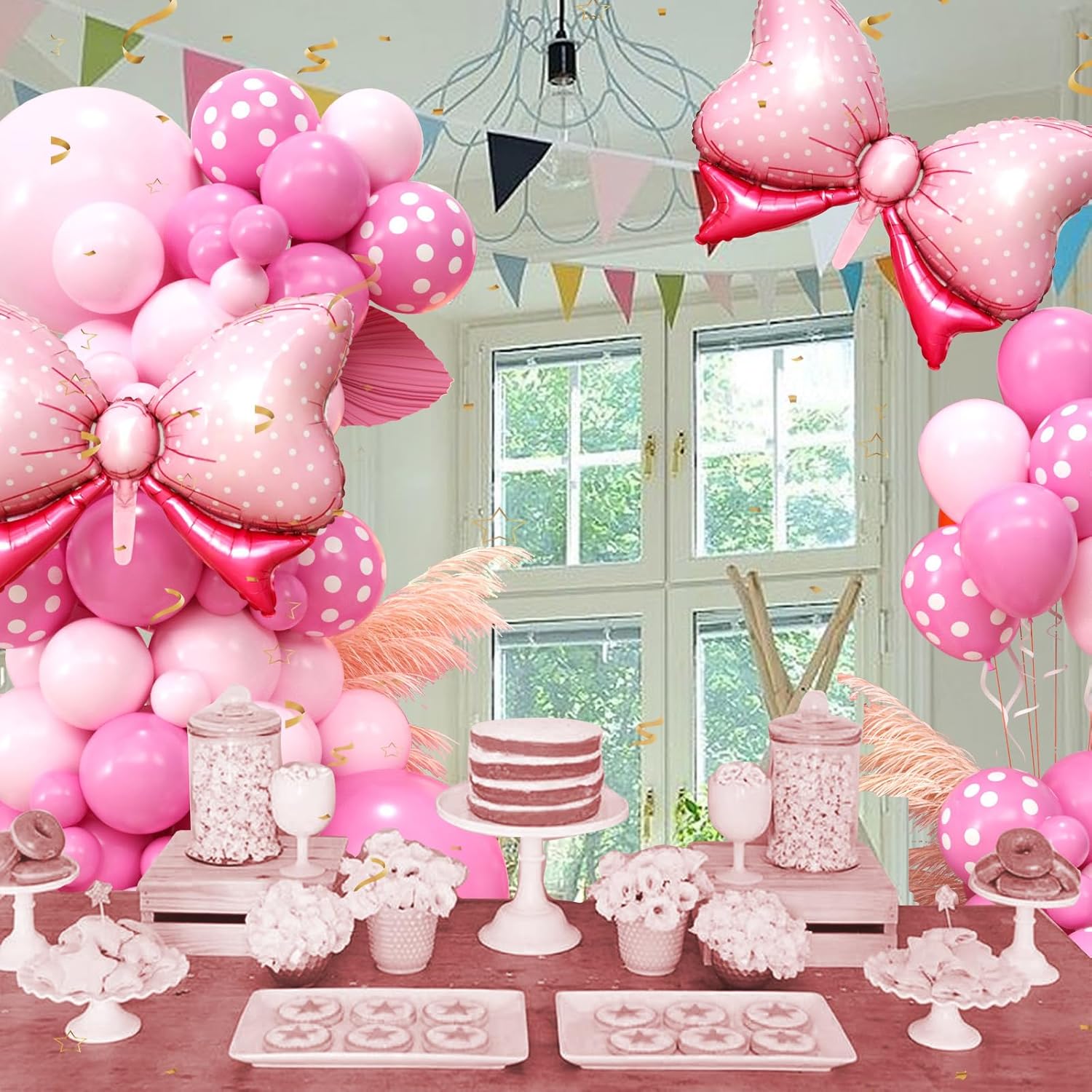 Decoraciones de cumpleaños de ratón rosa, kit de guirnalda de arco de globo de ratón rosa con pajarita rosa, lunares rosa intenso para niñas,