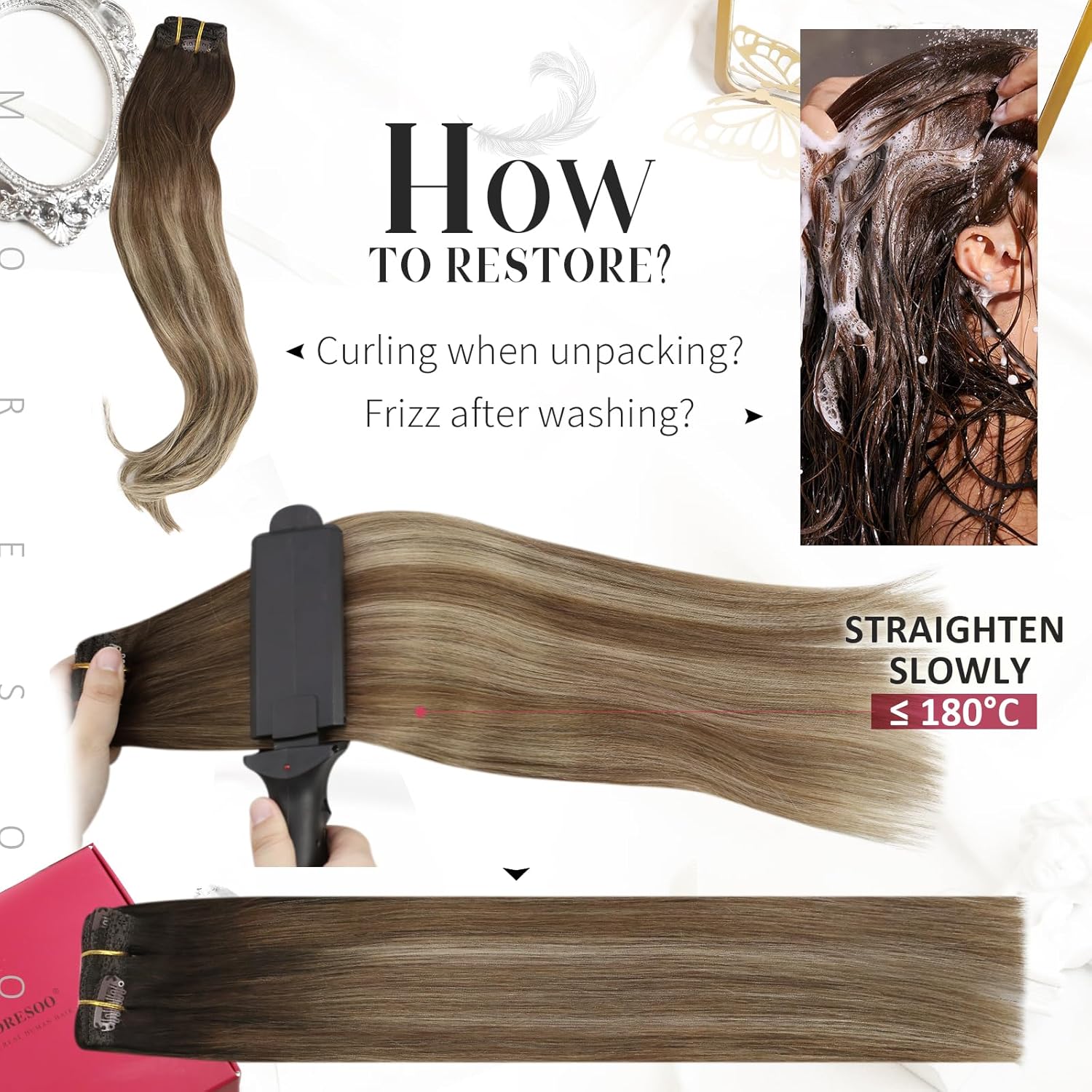 Moresoo – Extensiones de cabello humano Remy con pinzas, balayage, color degradado, trama doble, cabello grueso, para toda la cabeza, 20 pulgadas,