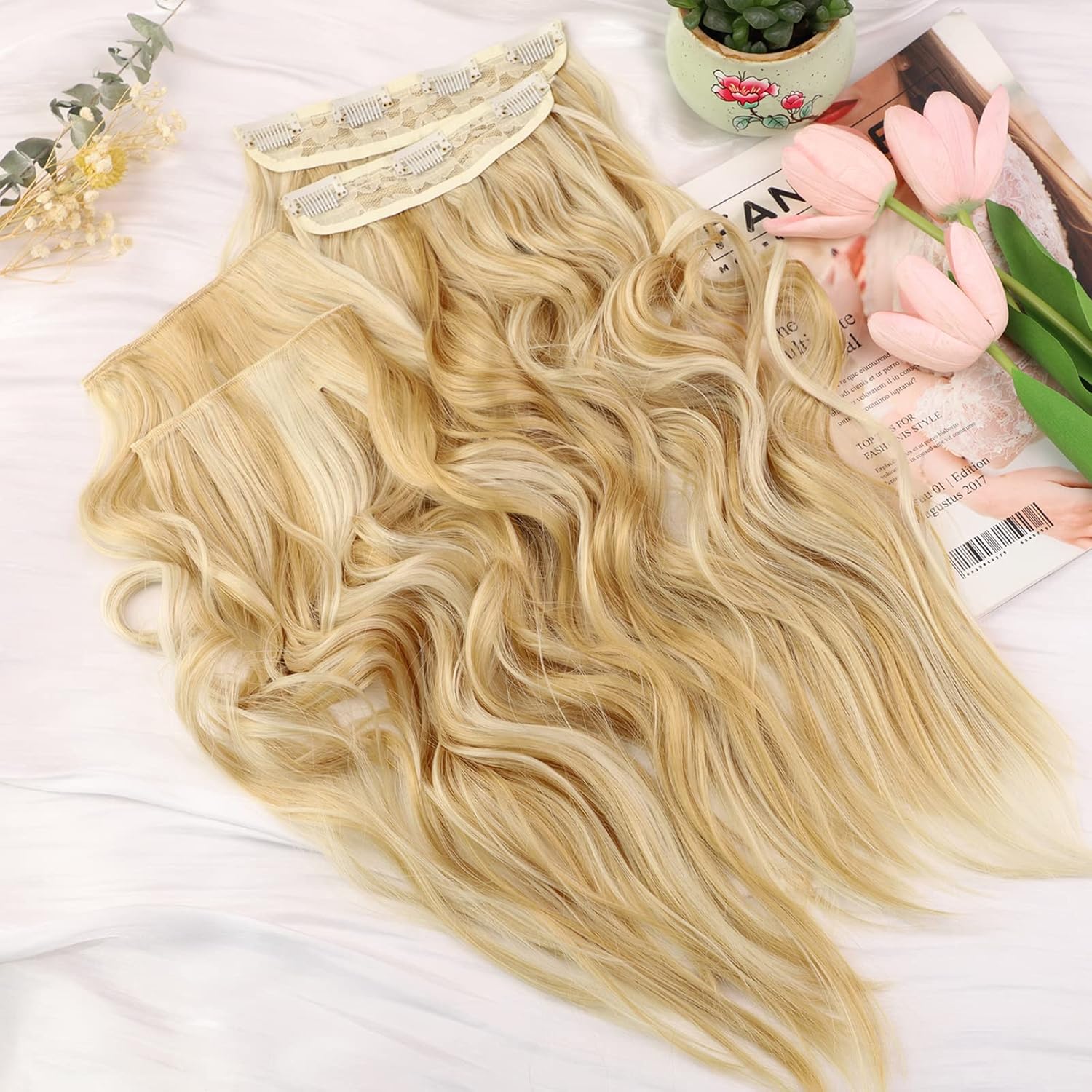 AISI BEAUTY Extensiones de cabello con pinzas, 4 piezas de 20 pulgadas, largo, ondulado, sintético, grueso, extensiones de cabello natural para