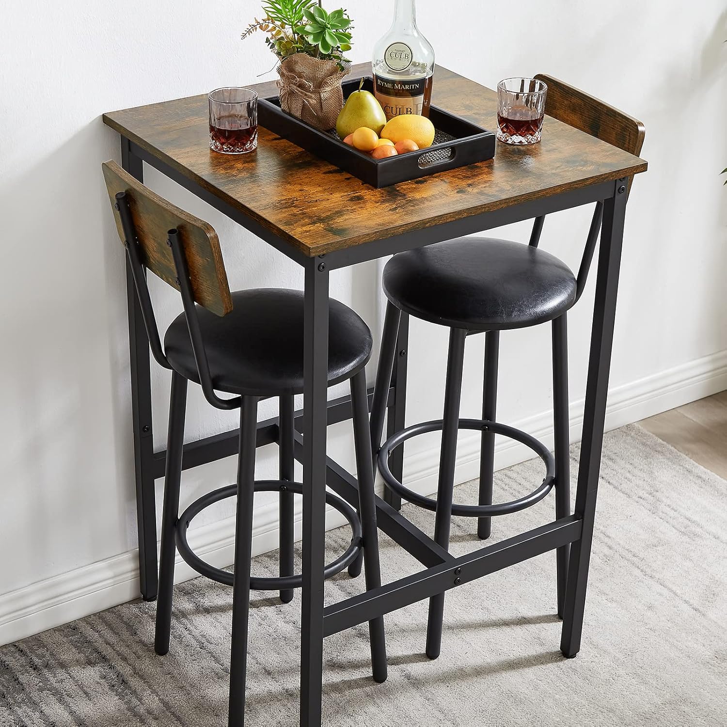 Juego de mesa y silla de bar industrial para 2 mesas y taburetes de altura de mostrador con respaldo, mesa de comedor cuadrada, juego de 3 con