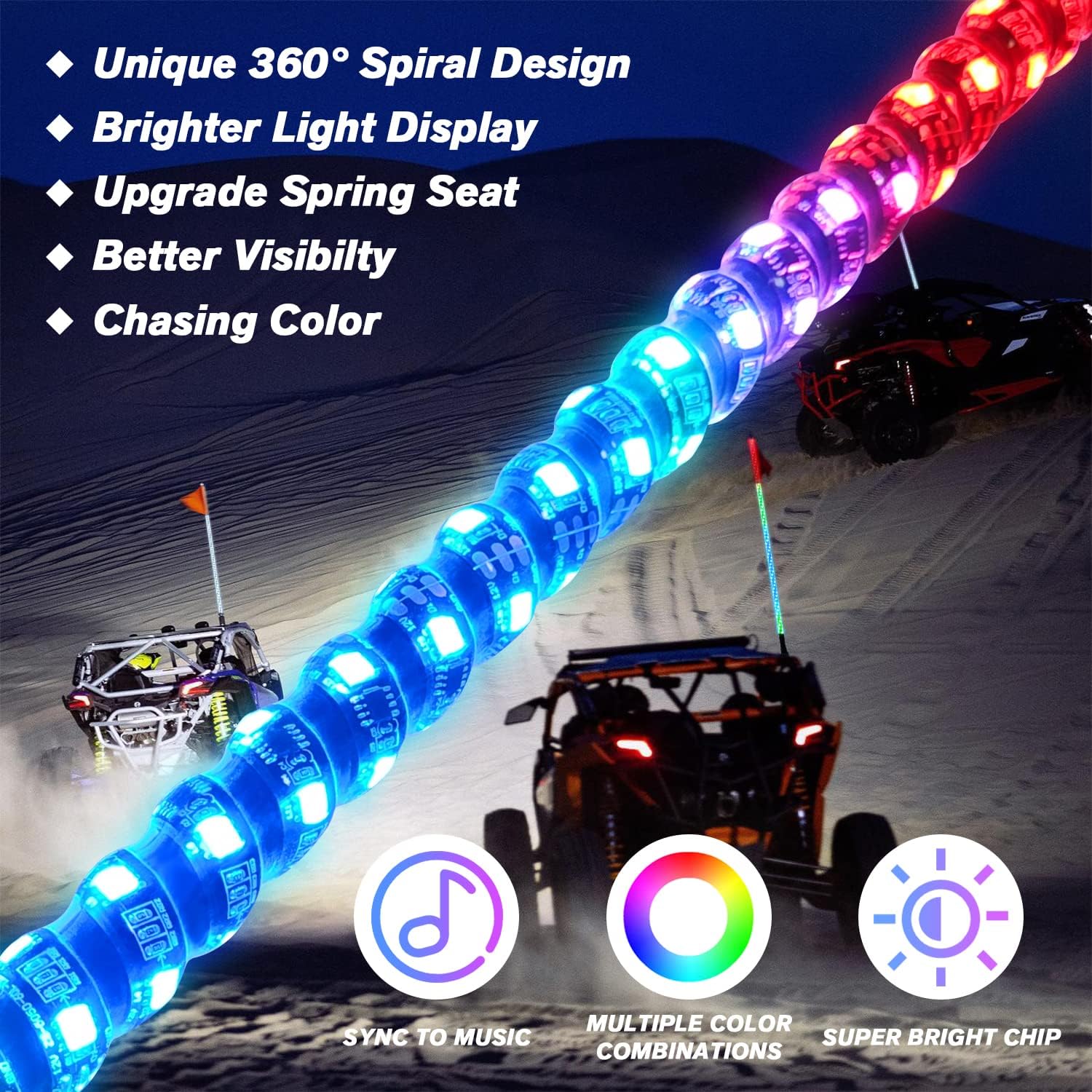 2 luces LED en espiral RGB de 4 pies con base de resorte, luz de persecución con Bluetooth y control remoto, látigos de antena iluminados para