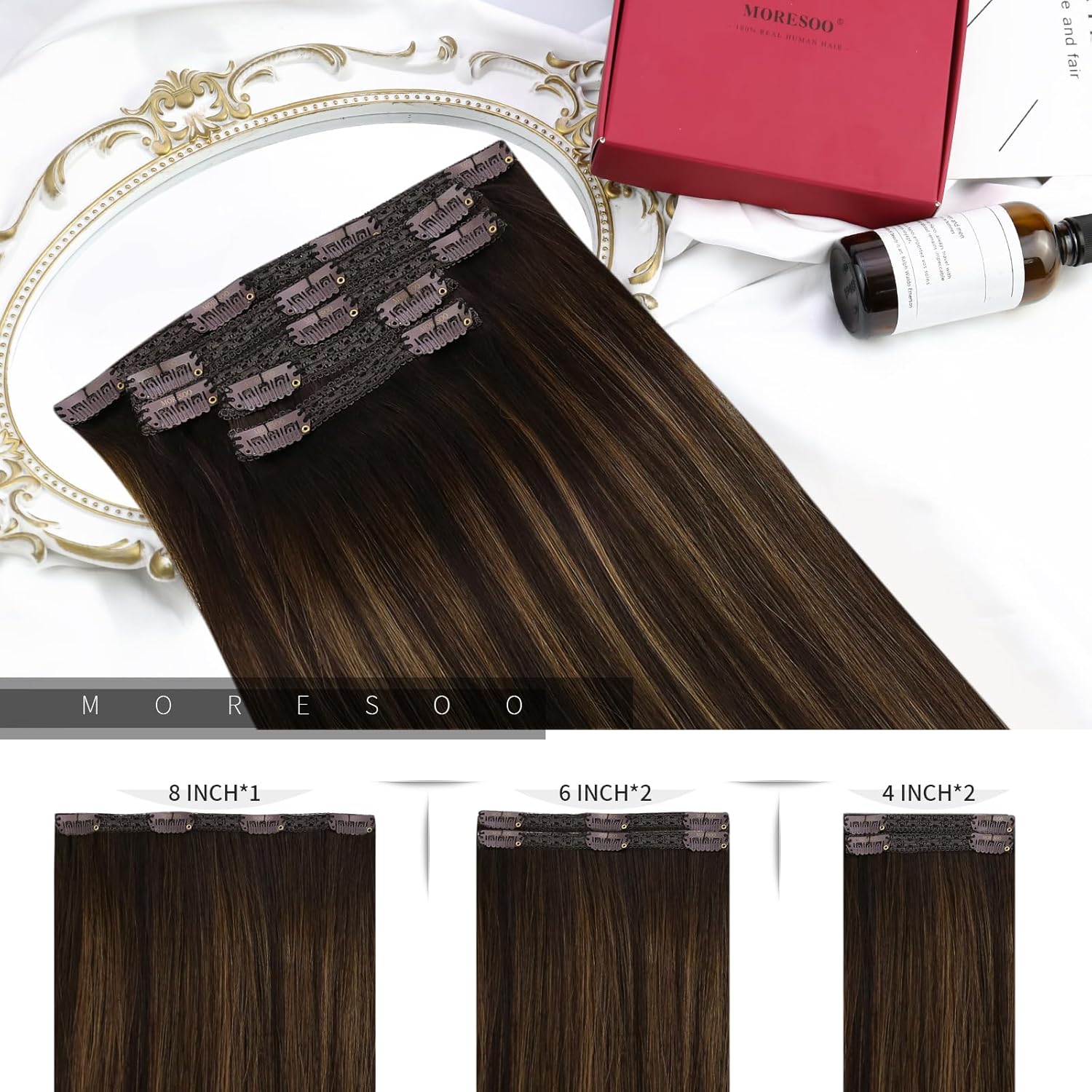Moresoo Extensiones de cabello humano con clip, color marrón degradado, doble trama, extensiones de cabello humano real, balayage, color marrón