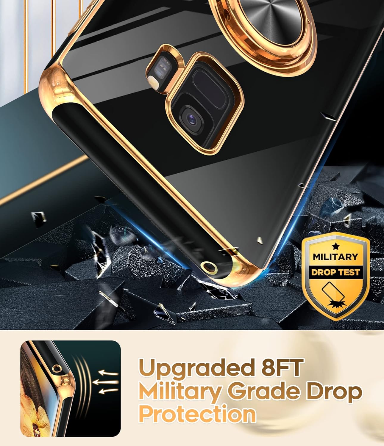 LeYi Funda para teléfono Samsung Galaxy S9 con soporte de anillo giratorio de 360, soporte magnético, chapado en oro rosa con borde protector para