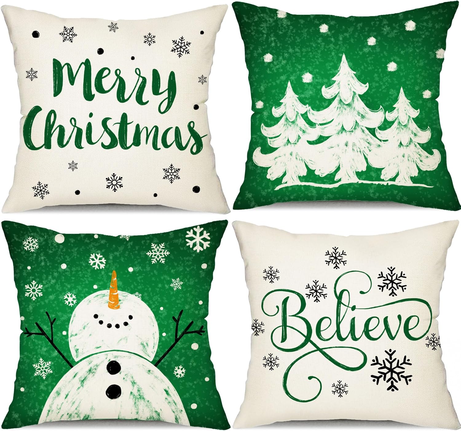 DFXSZ Juego de 4 fundas de almohada de Navidad verdes de 18 x 18 pulgadas para decoraciones de Navidad, diseño de árbol de Navidad, copo de nieve,