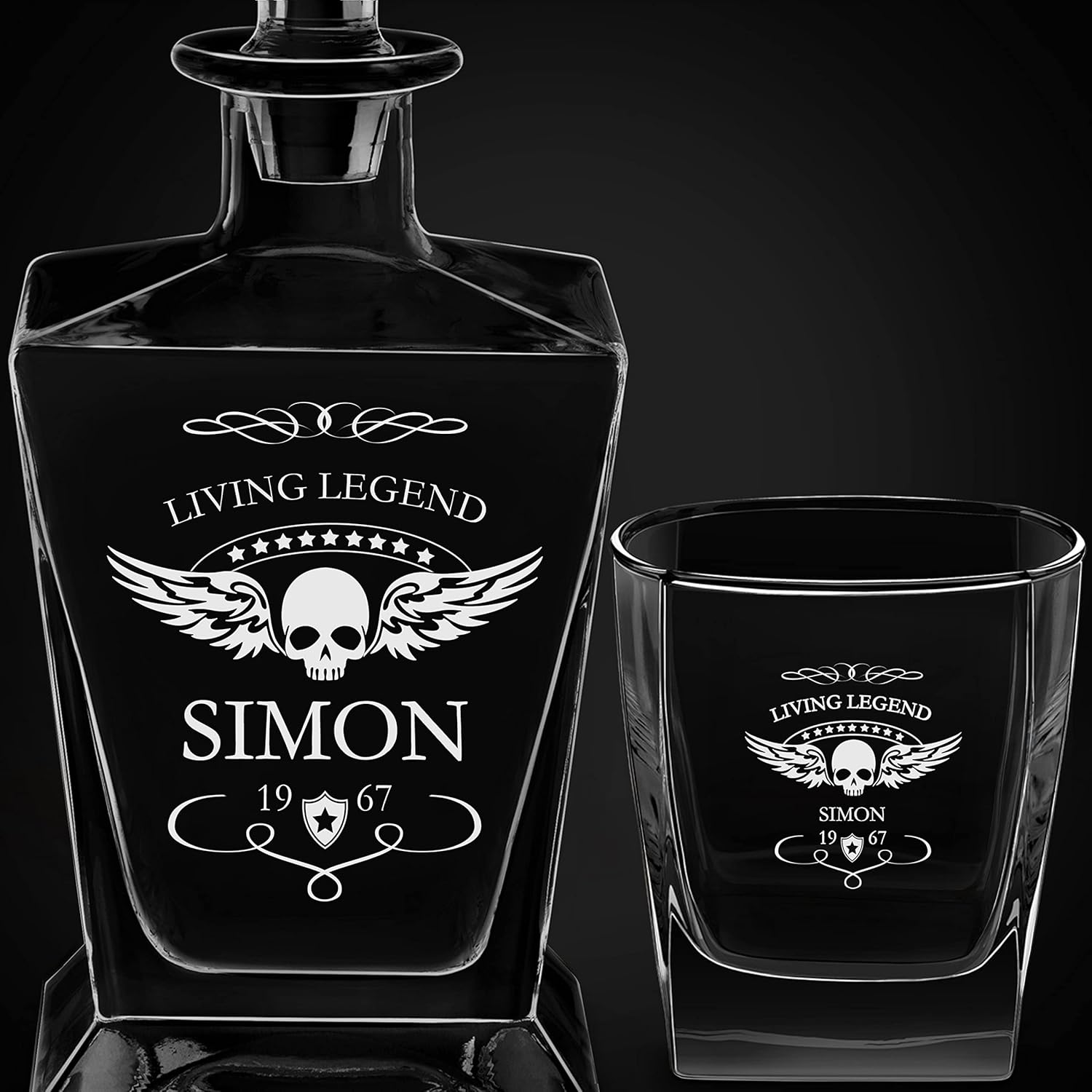 Maverton Juego de whisky personalizado para hombre – Jarra y 6 vasos con grabado – Elegante utensilios de bar para cumpleaños para papá – Para los