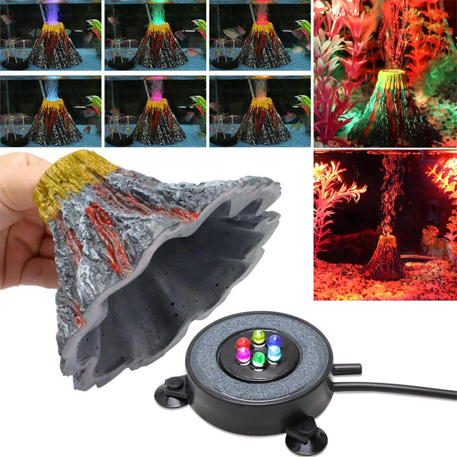 Luz de burbujas para acuario con bomba de aire, kit de oxigenación de ornamento de volcán de acuario, decoraciones de burbujas para peceras